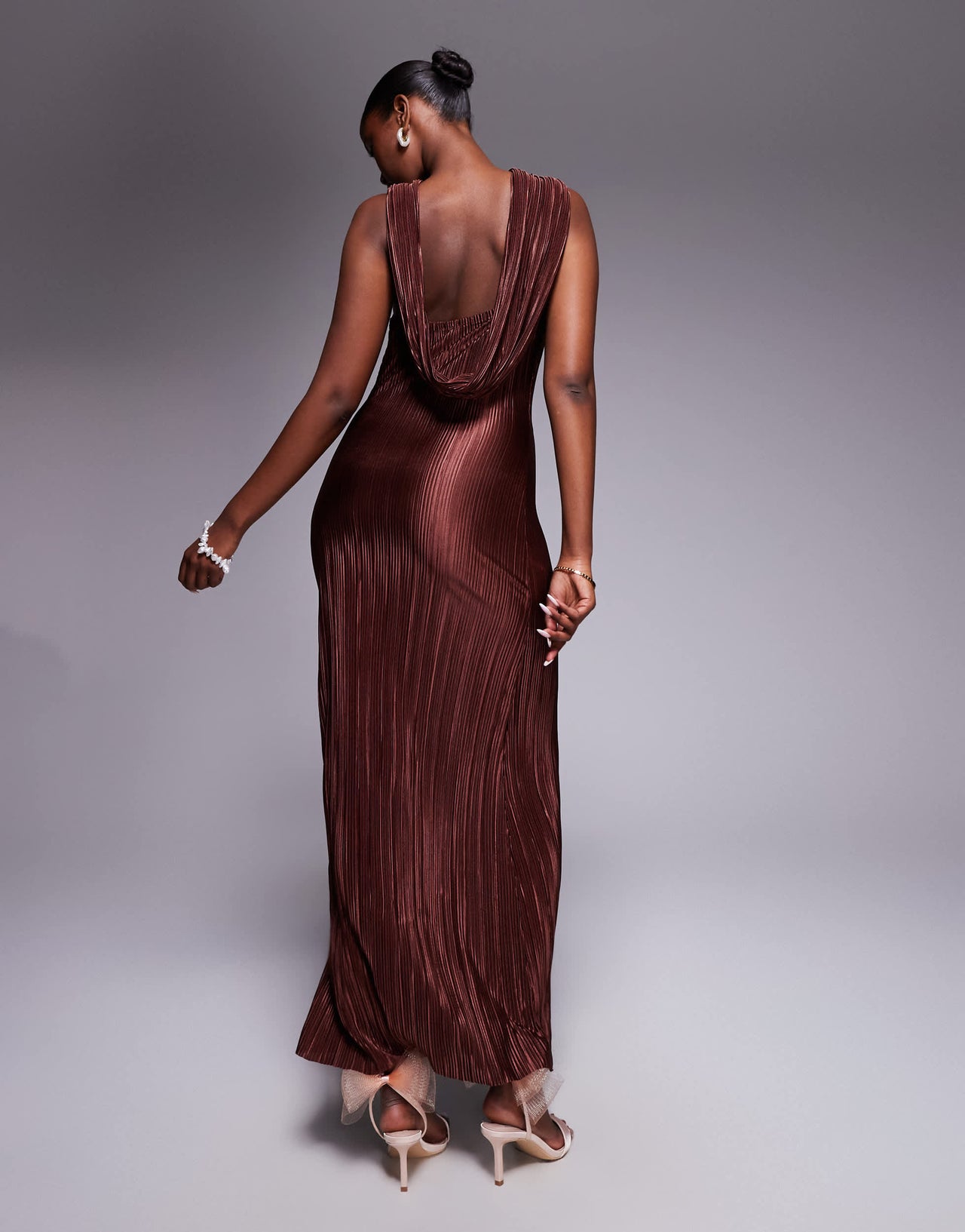 ASOS DESIGN plisse cross front maxi dress with draped back in chocolate