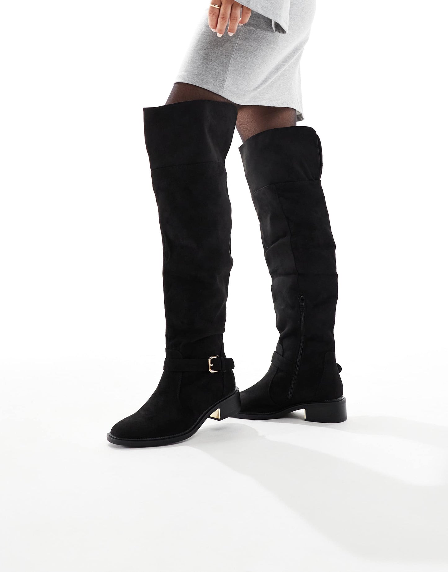 SEQWL Wide Fit Latte buckle detail over the knee boots in black