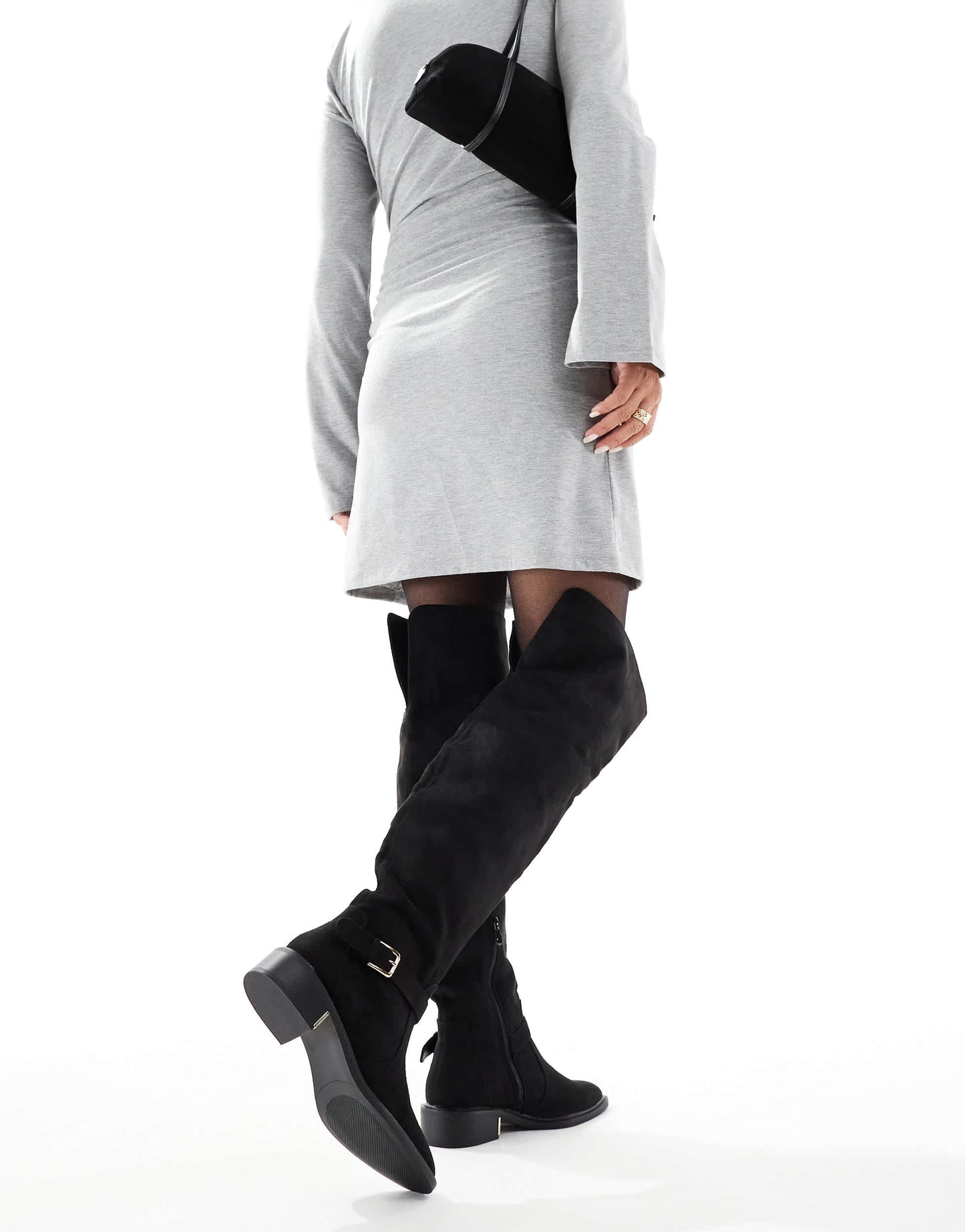 SEQWL Wide Fit Latte buckle detail over the knee boots in black