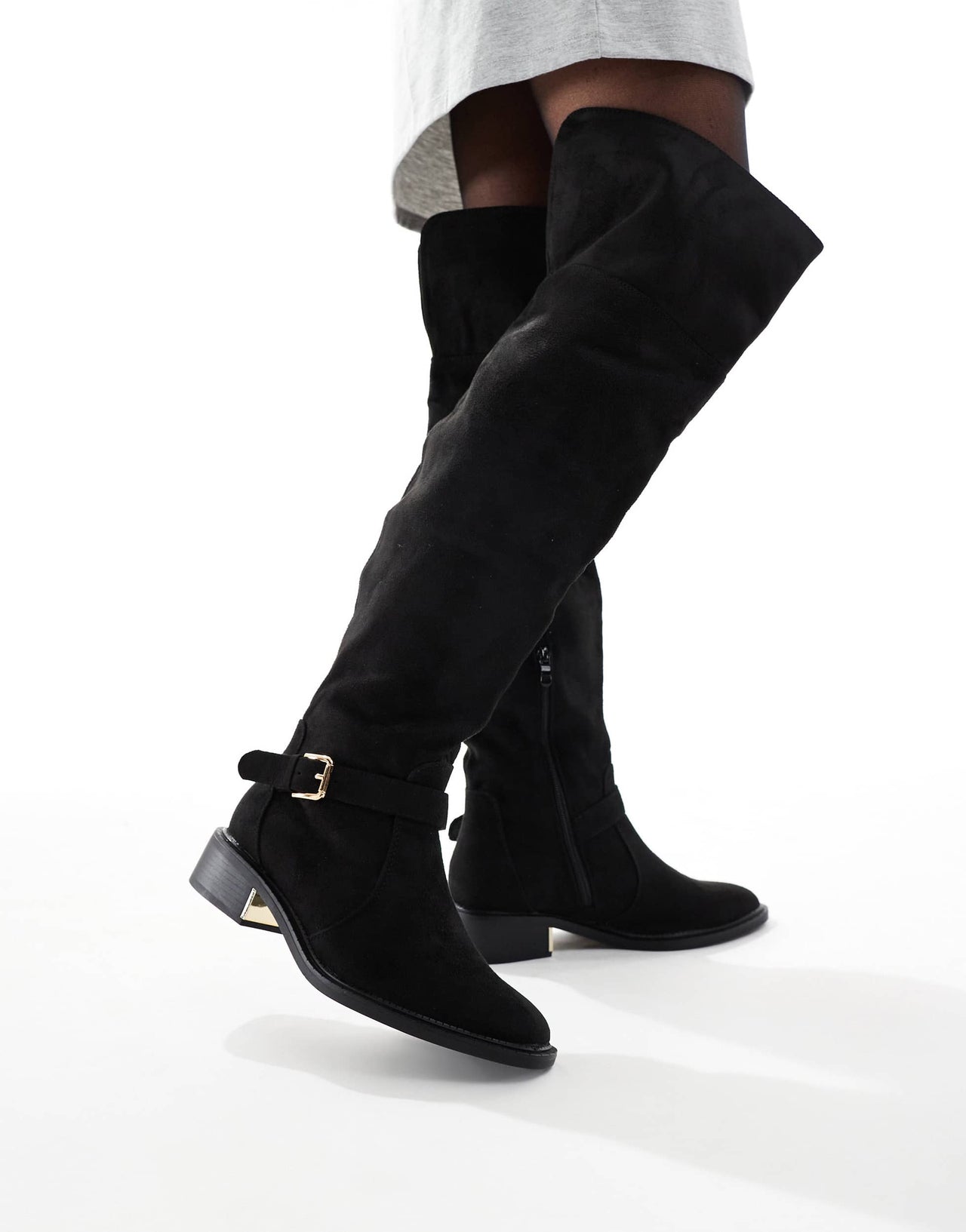 SEQWL Wide Fit Latte buckle detail over the knee boots in black