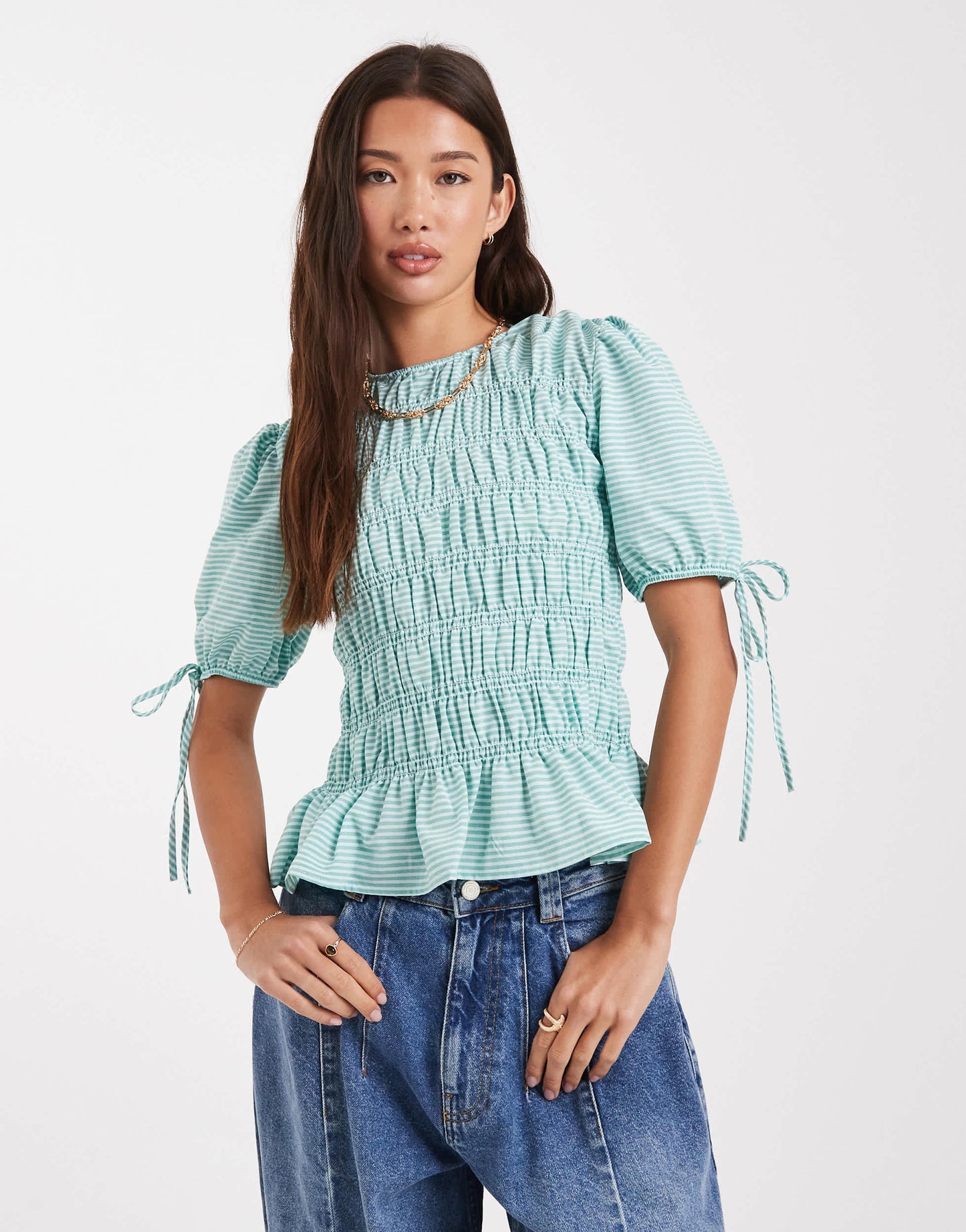 ASOS DESIGN puff sleeve top with shirring detail in green stripe