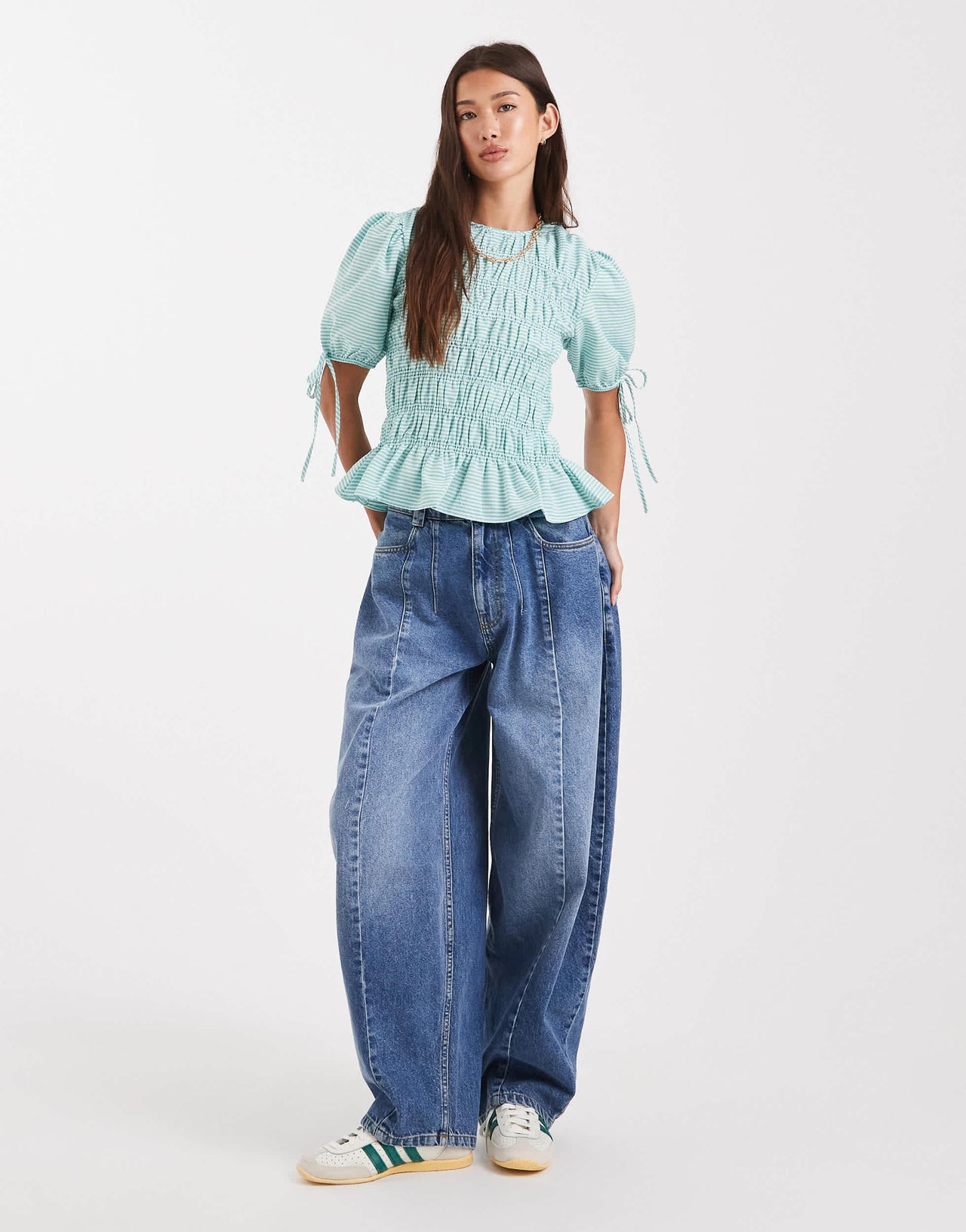 ASOS DESIGN puff sleeve top with shirring detail in green stripe