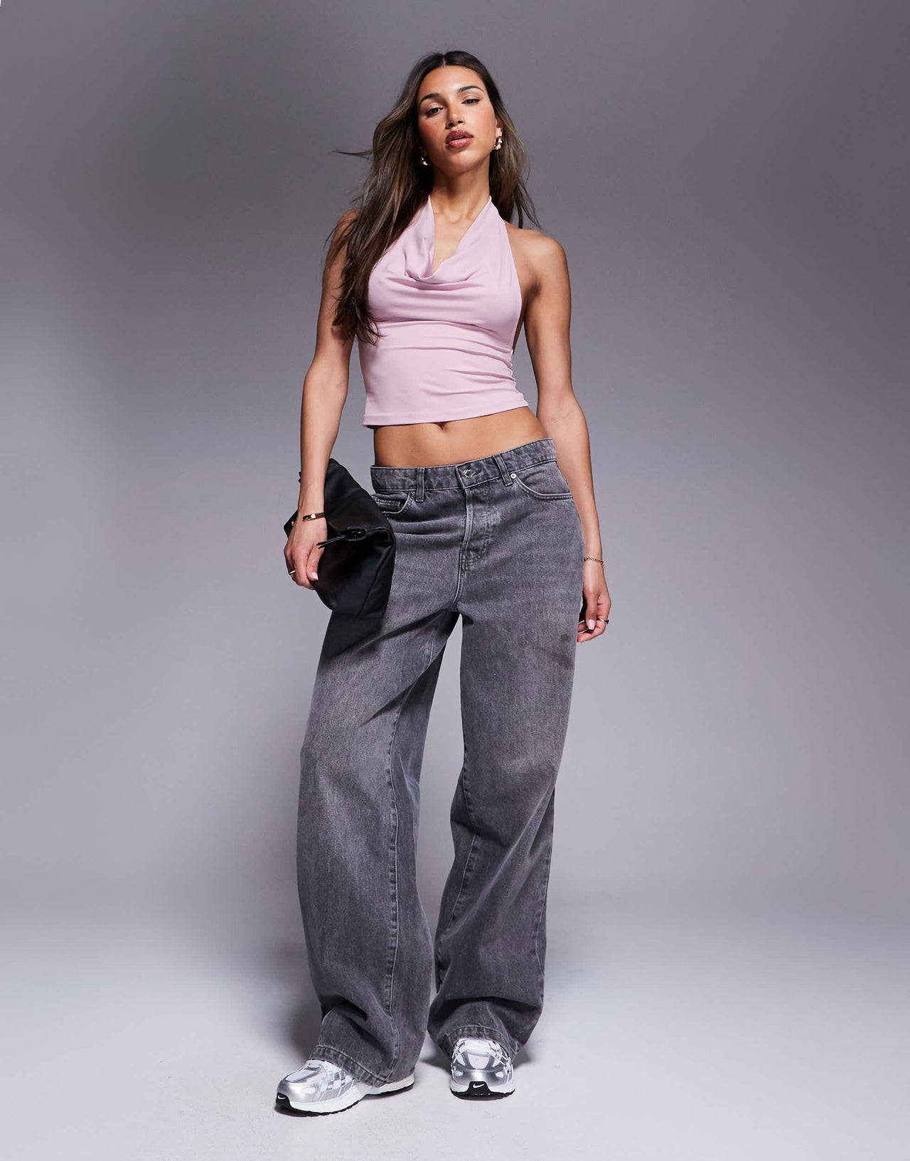 ASOS DESIGN high neck halter cowl neck top in pink