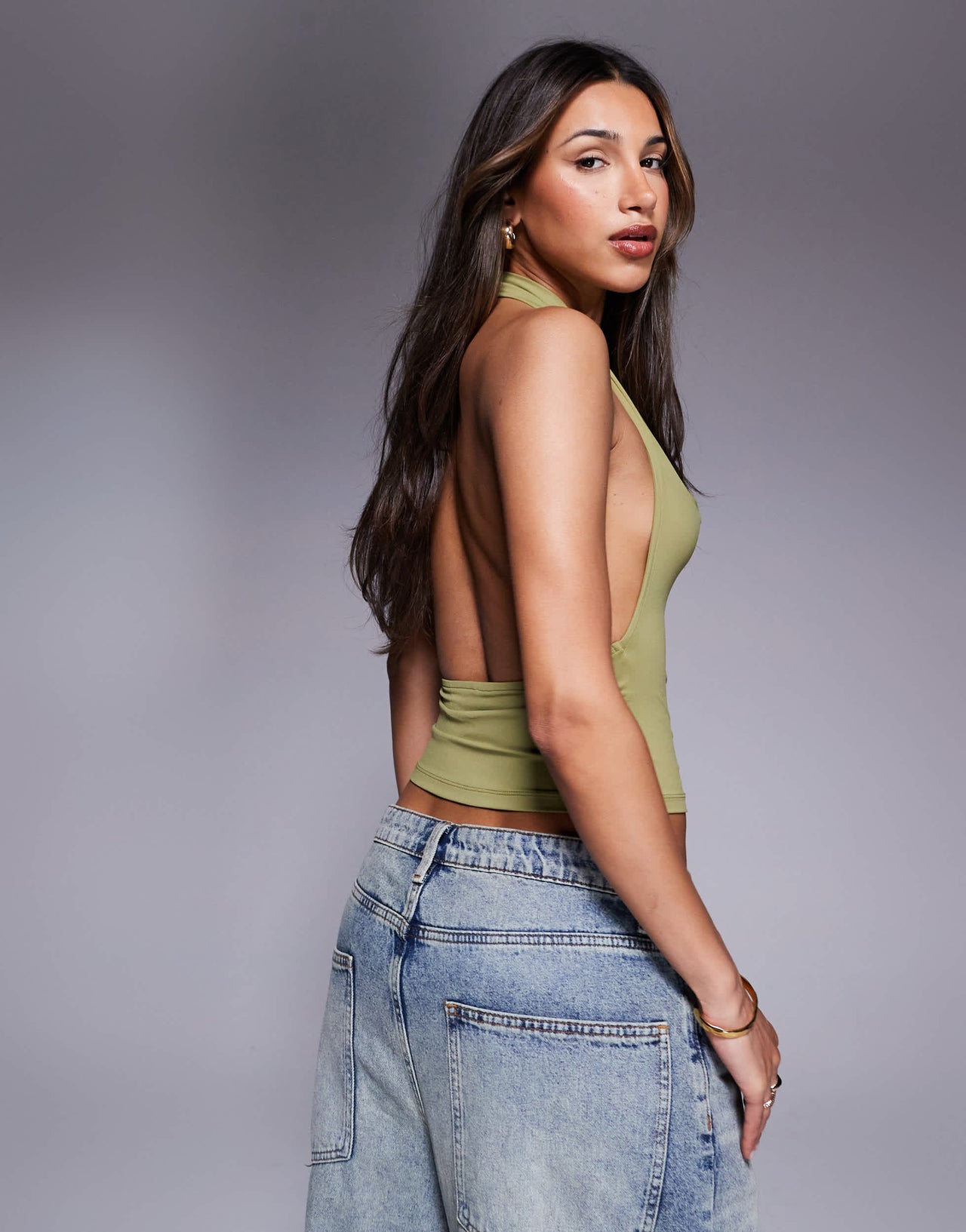 ASOS DESIGN high neck halter cowl neck top in sage green