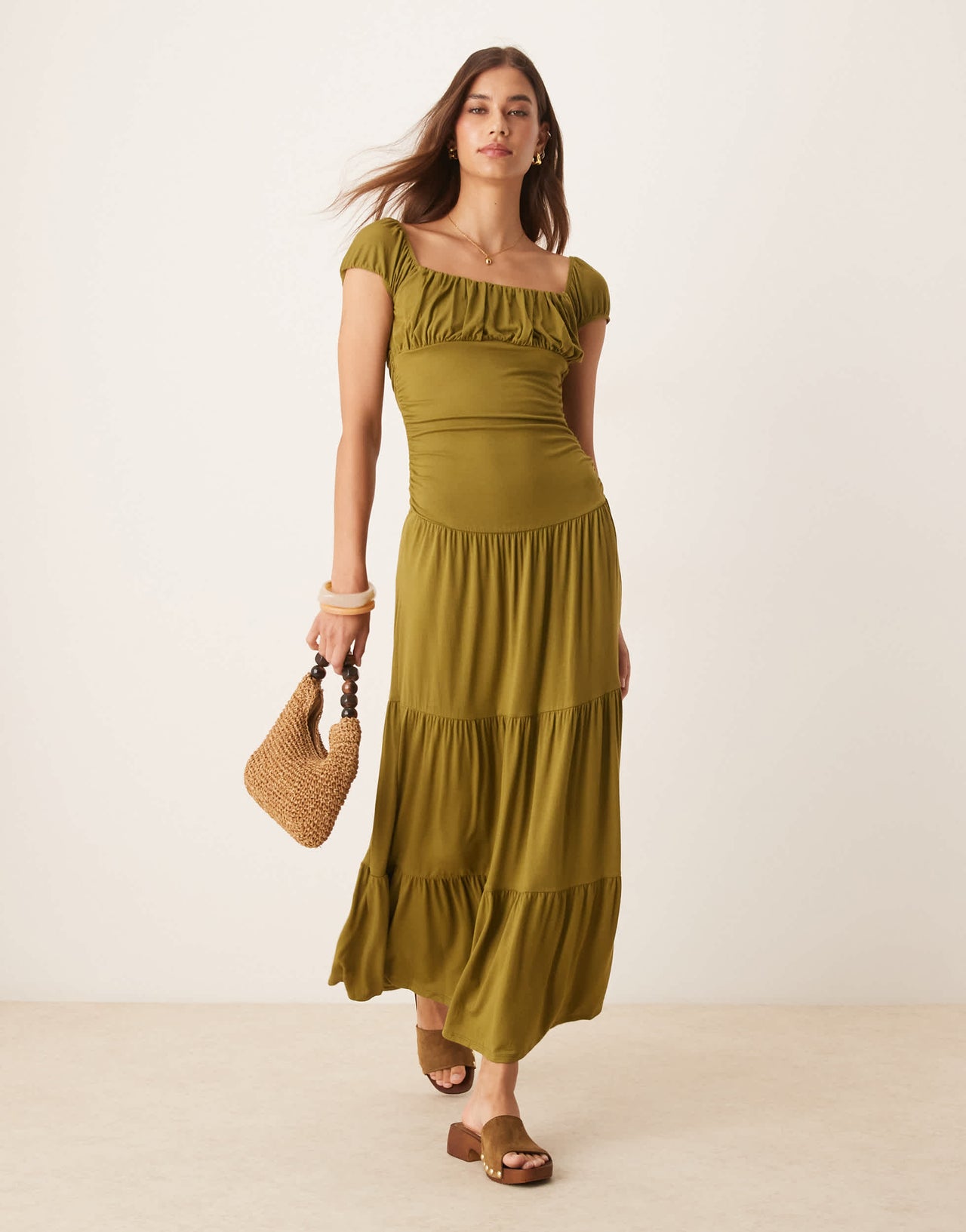 ASOS DESIGN square neck ruched bust praire tiered maxi dress in green