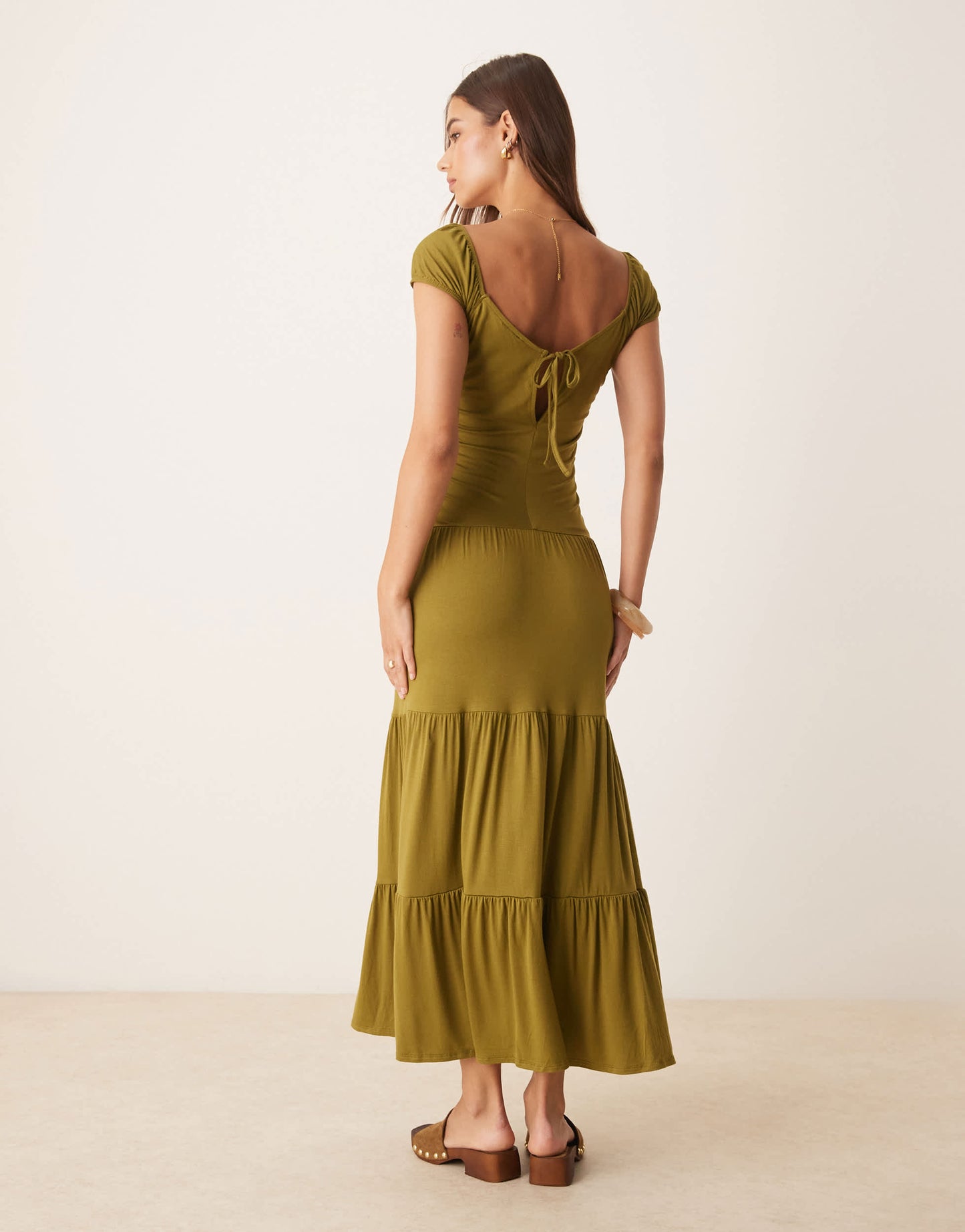 ASOS DESIGN square neck ruched bust praire tiered maxi dress in green