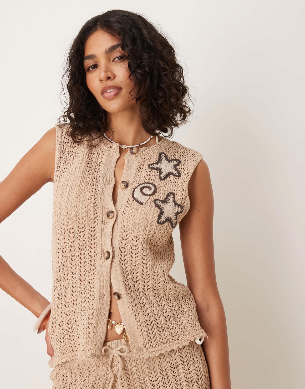 ASOS DESIGN knitted short co-ord with crochet shells in brown