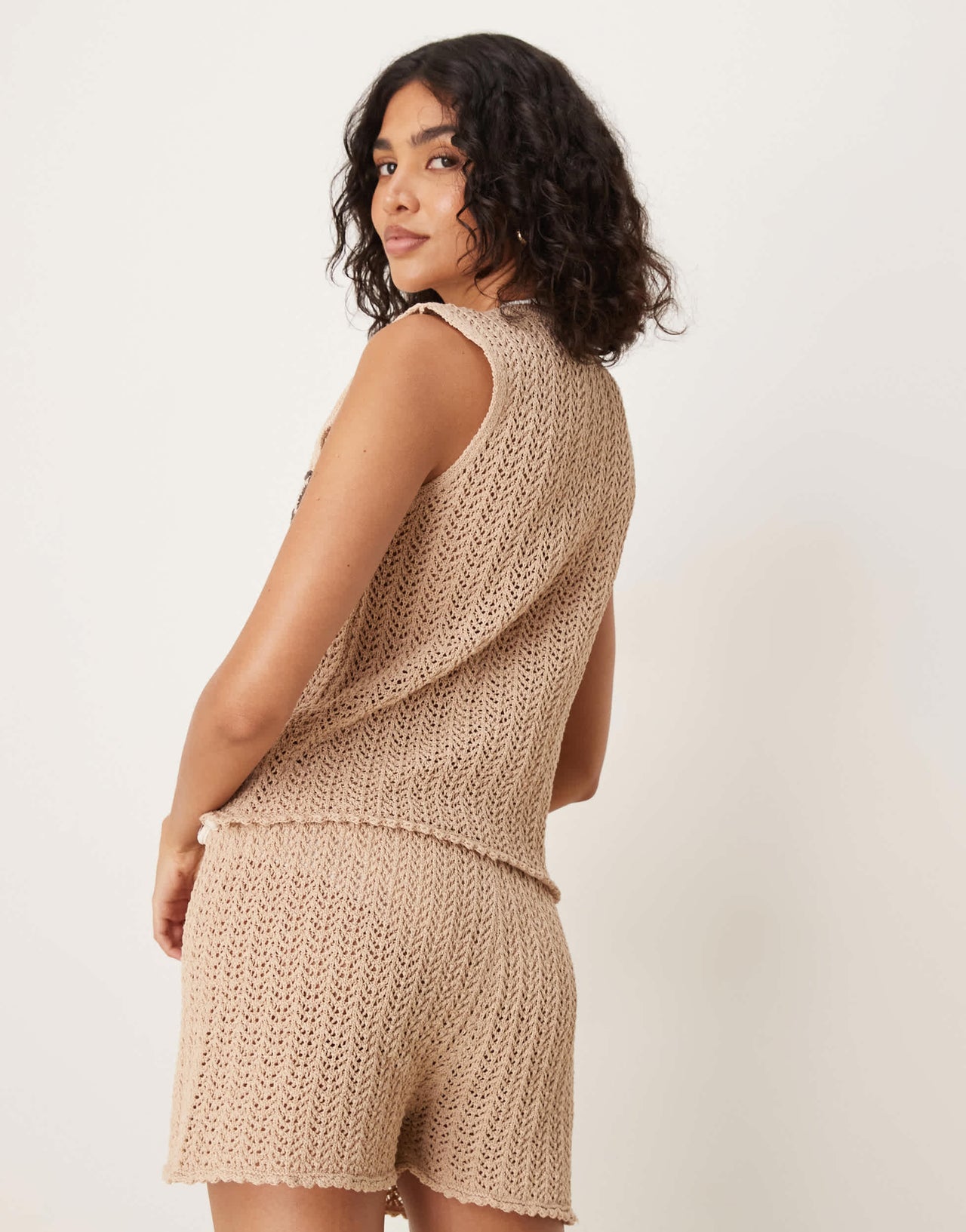 ASOS DESIGN knitted short co-ord with crochet shells in brown