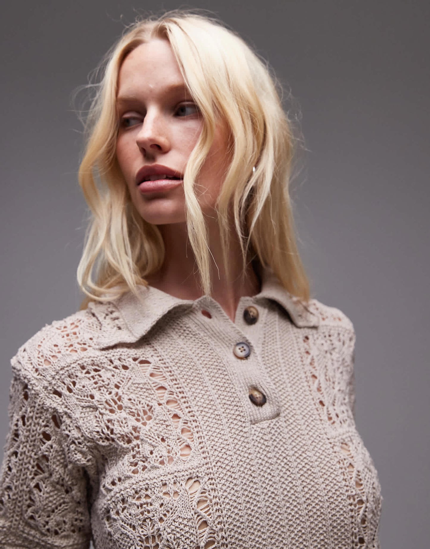 Topshop knitted pointelle stitch polo top in cream
