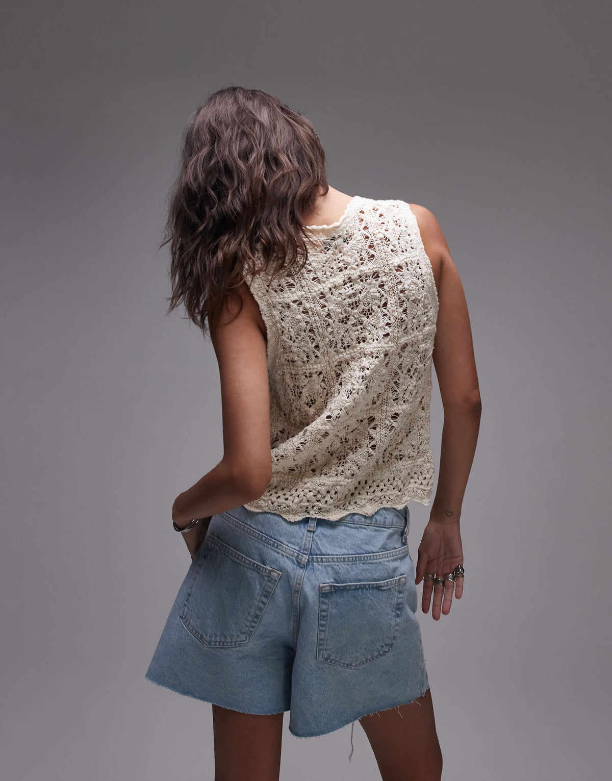 Topshop knitted crochet look tie front vest co-ord in ecru