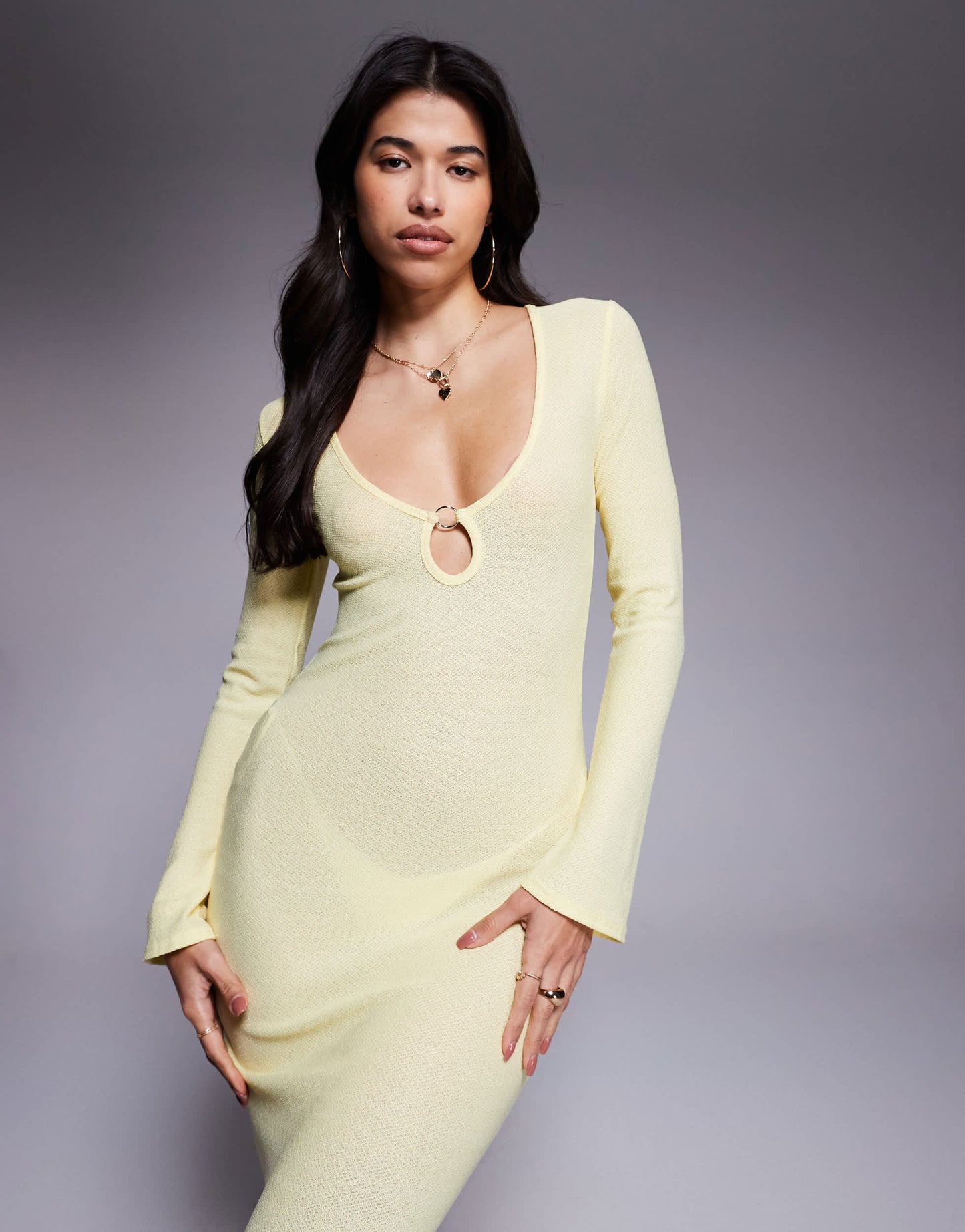 Missyempire beach sheer knit keyhole maxi dress in lemon