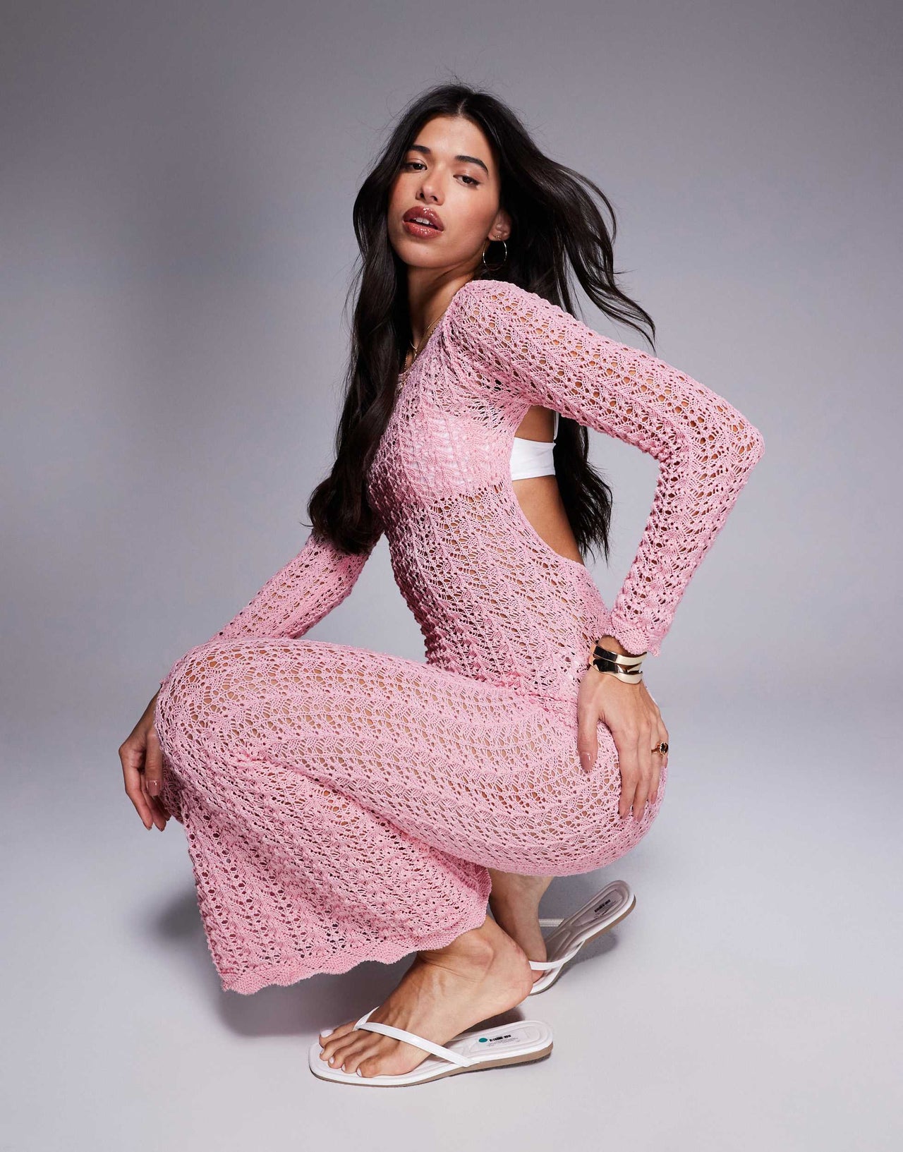 Missyempire beach crochet knit open back maxi dress in pink