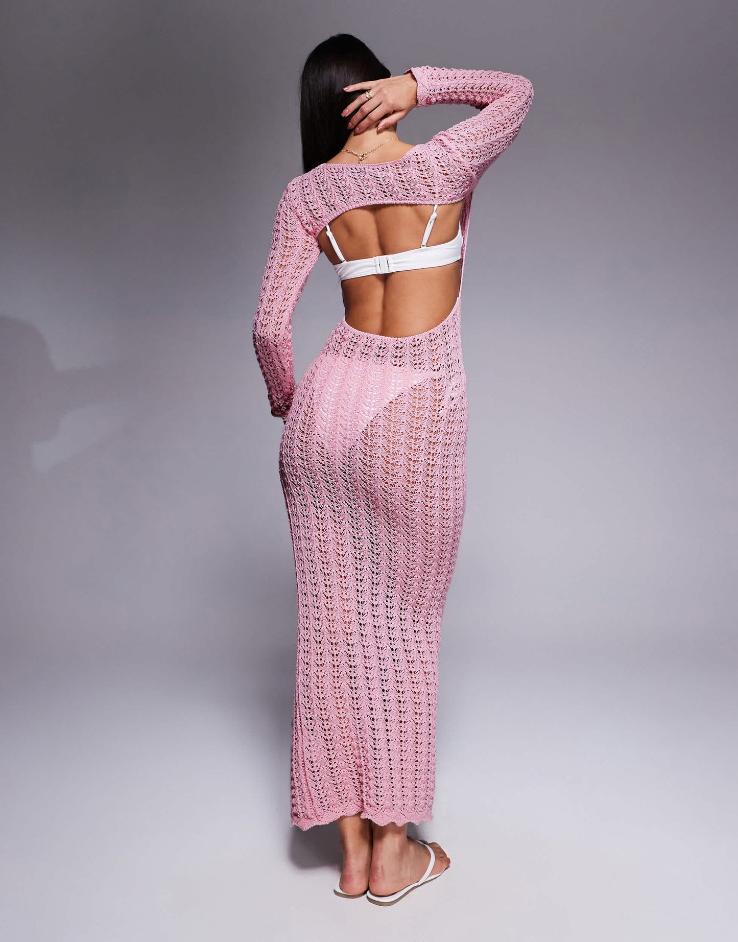 Missyempire beach crochet knit open back maxi dress in pink