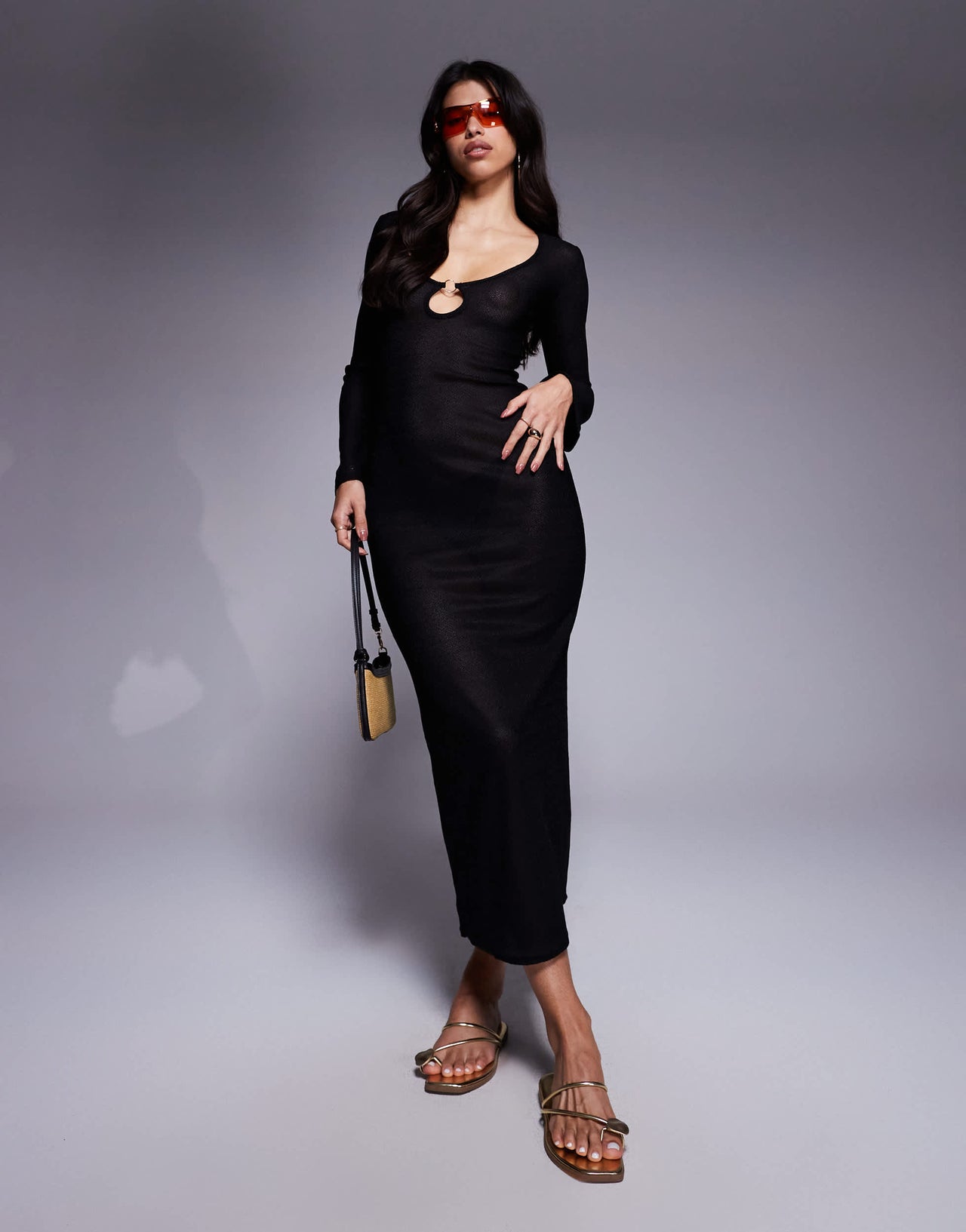 Missyempire beach sheer knit keyhole maxi dress in black