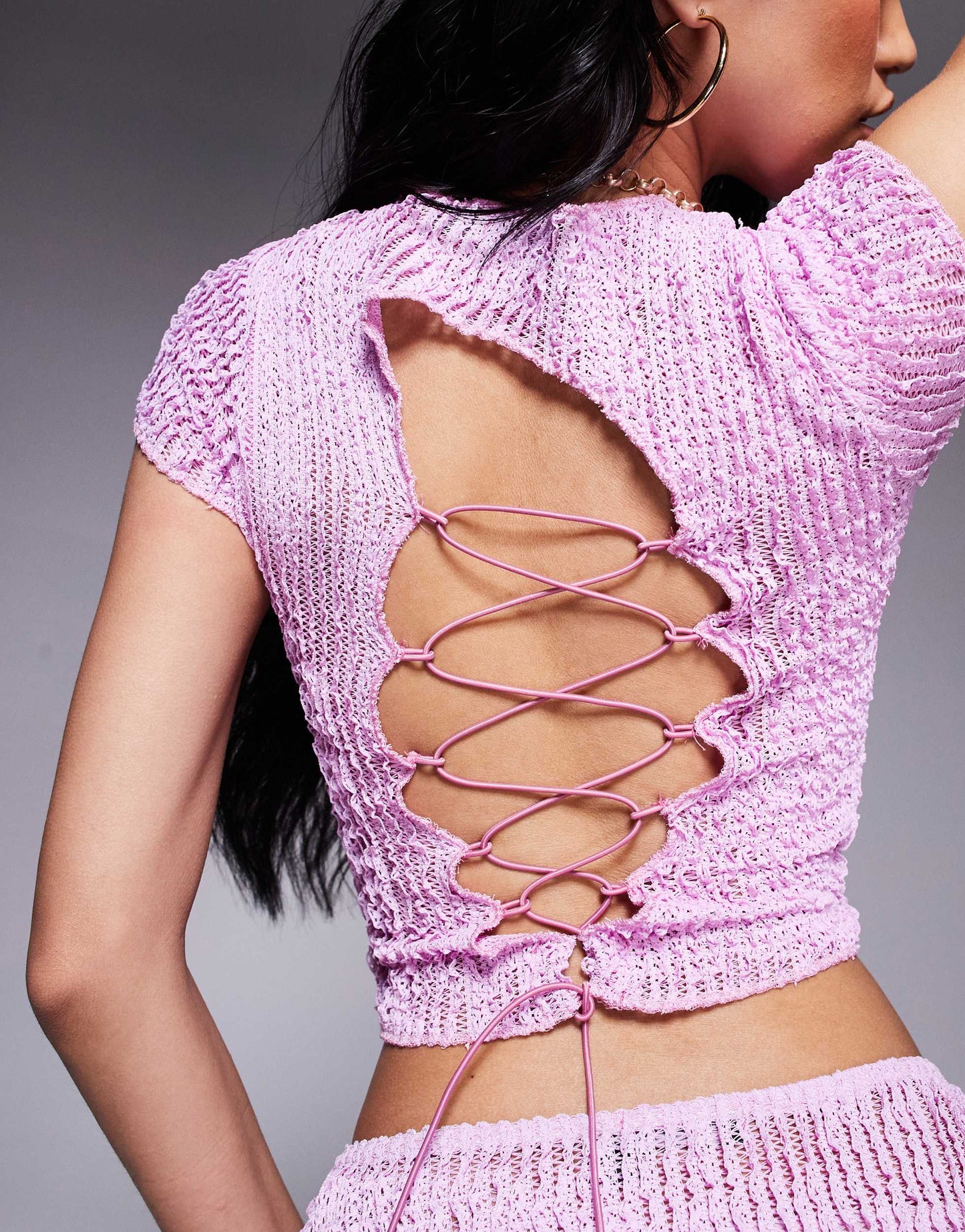Missyempire textured waffle open lace back top co-ord in pink