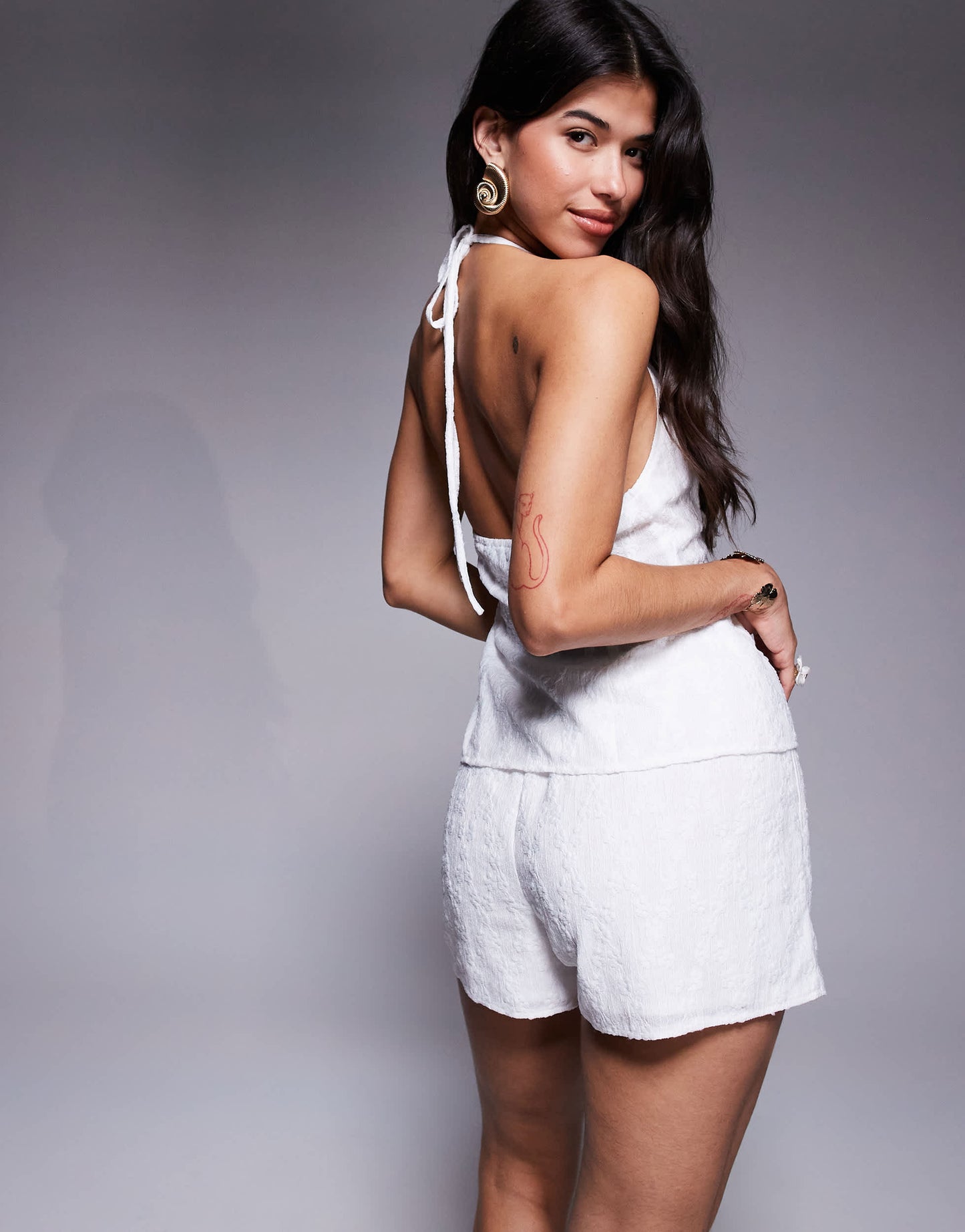 Missyempire embroidered floral halterneck tie front top co-ord in white