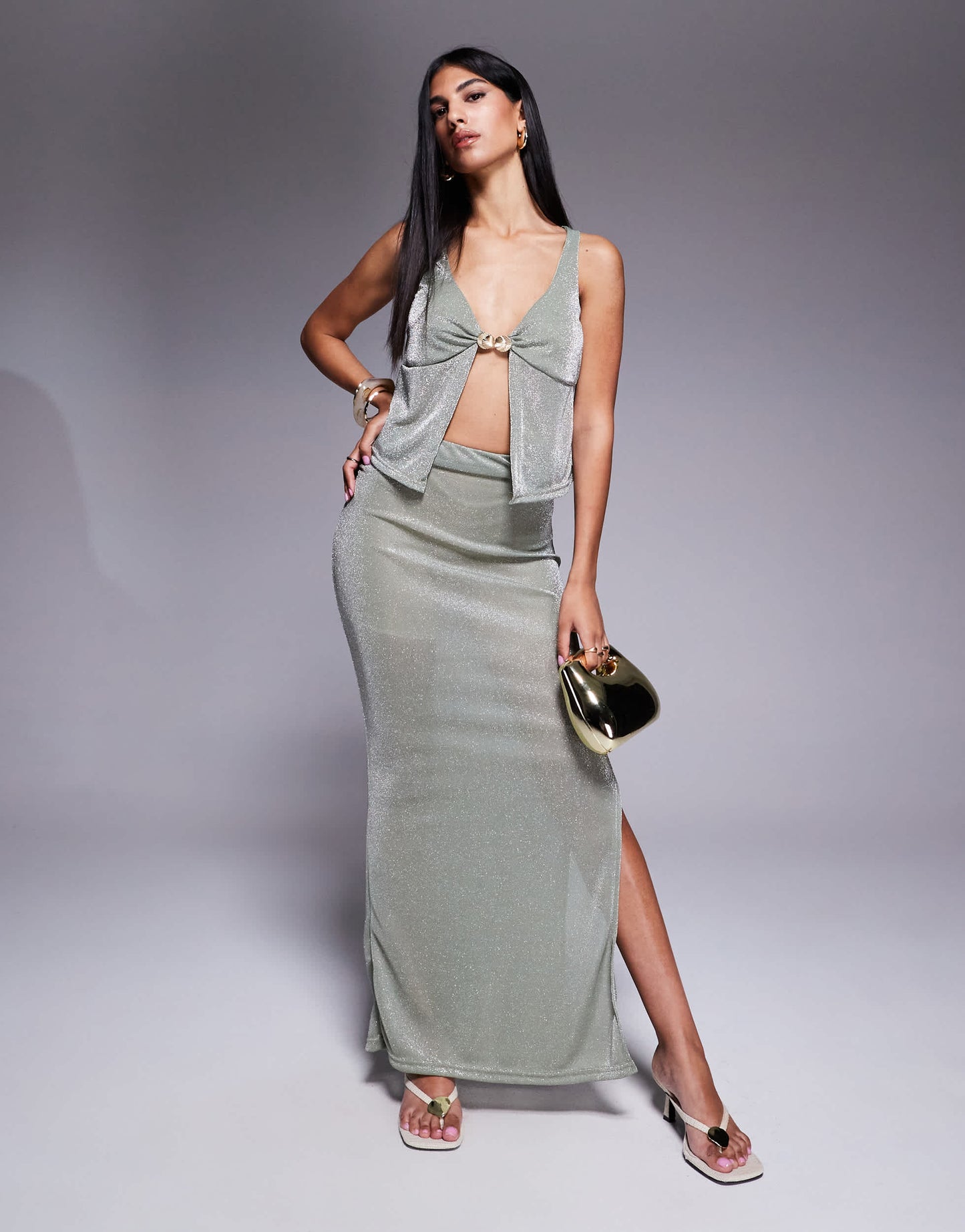 Missyempire shimmer slinky side split maxi skirt co-ord in khaki