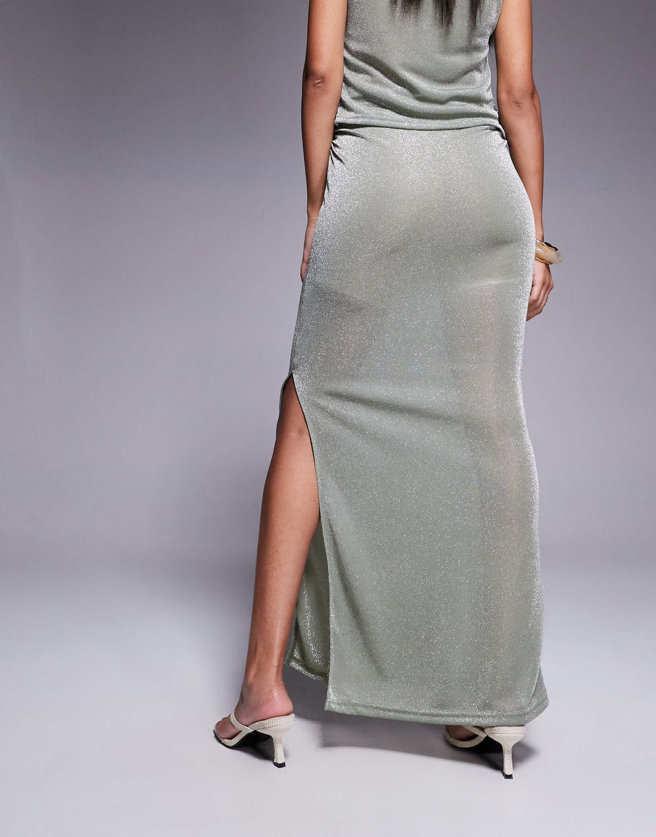 Missyempire shimmer slinky side split maxi skirt co-ord in khaki