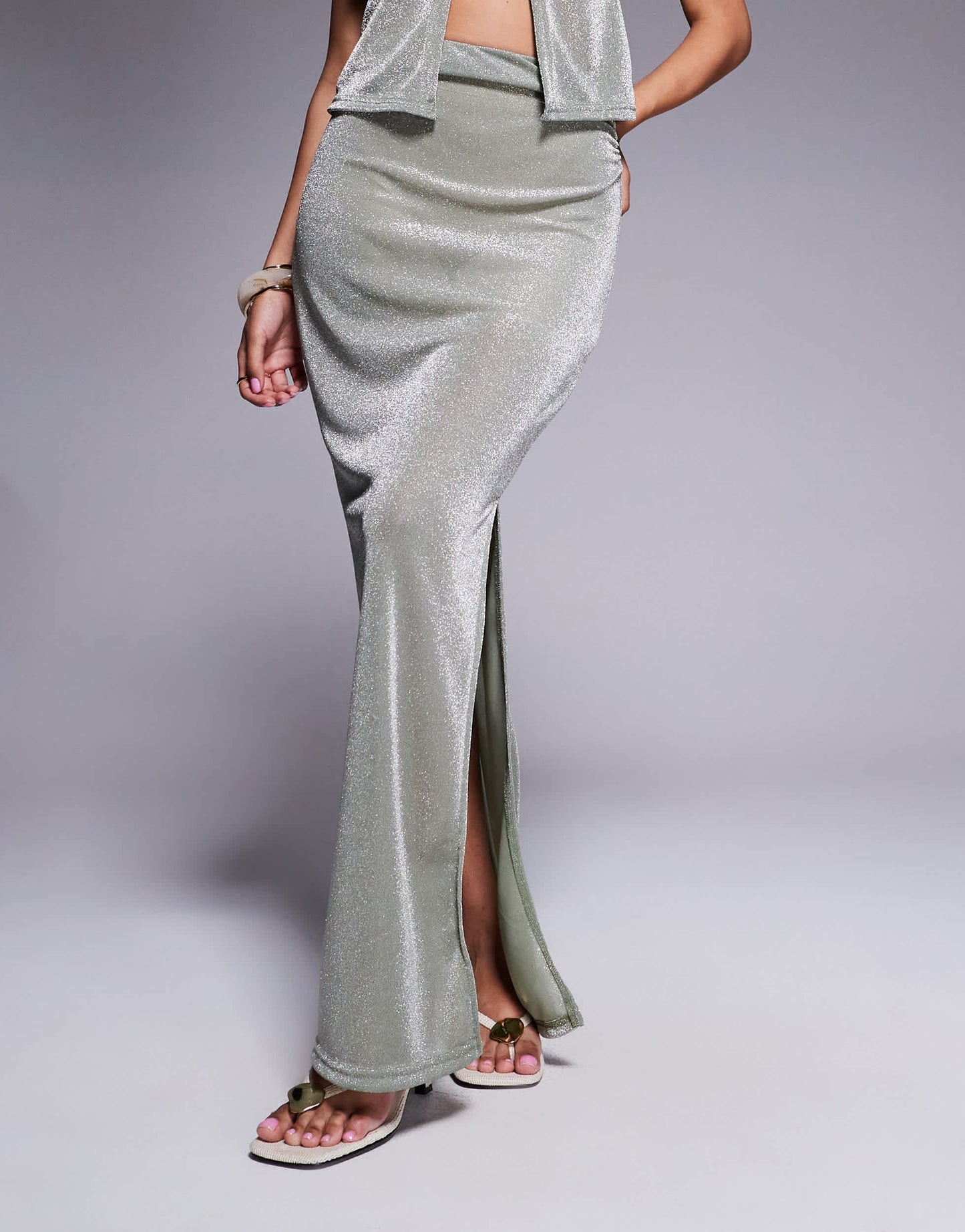 Missyempire shimmer slinky side split maxi skirt co-ord in khaki