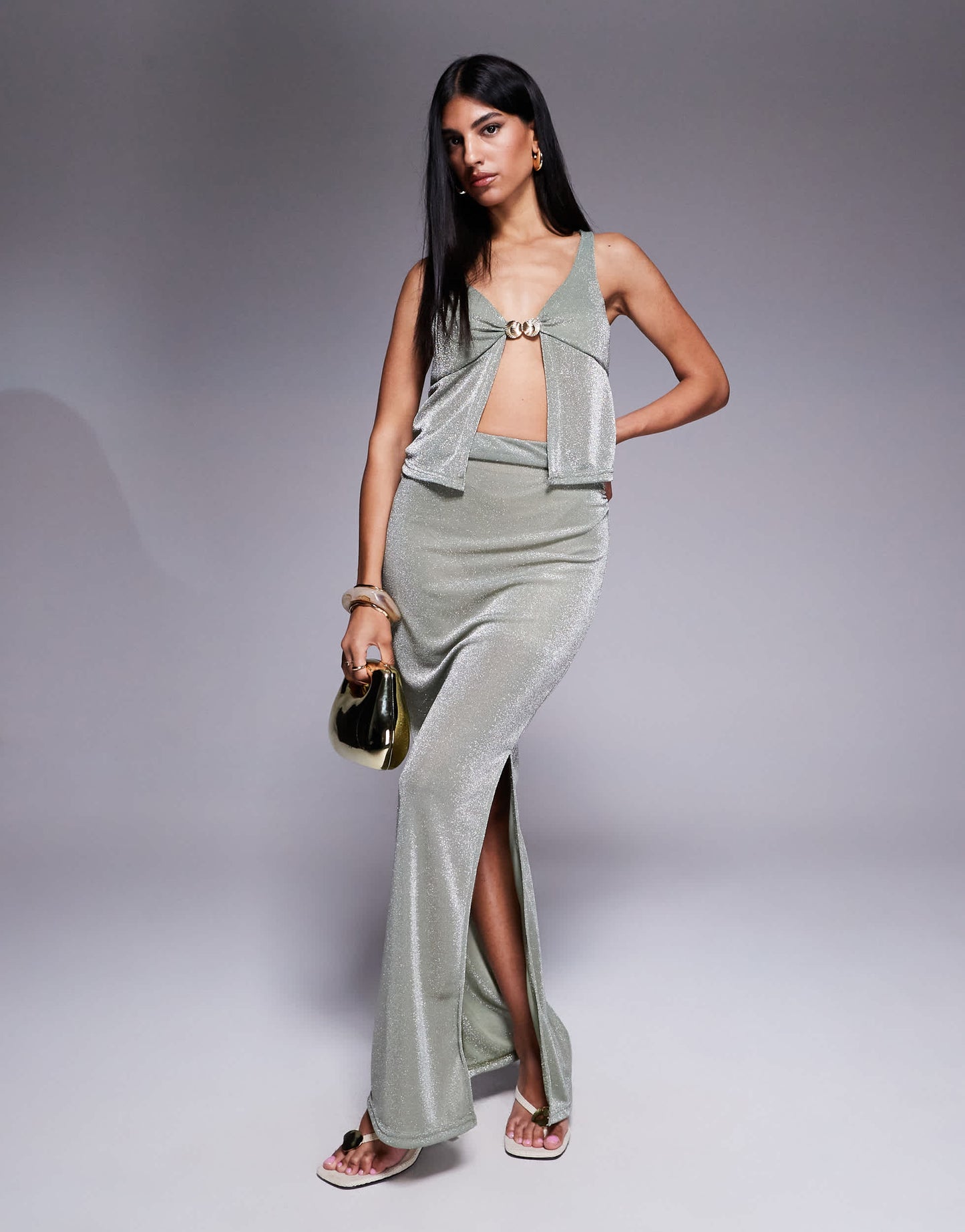 Missyempire shimmer slinky split front metal shell detail top co-ord in khaki