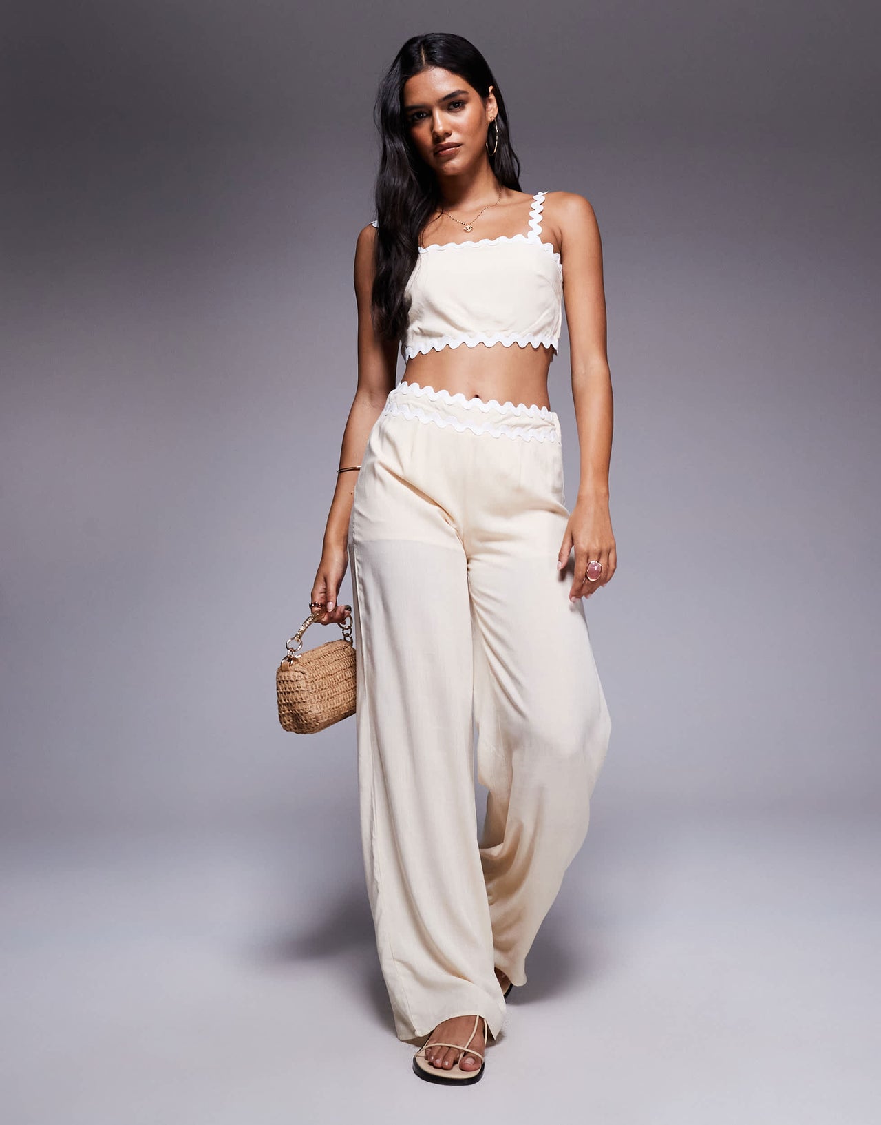 Missyempire cotton scallop edge square neck top co-ord in beige