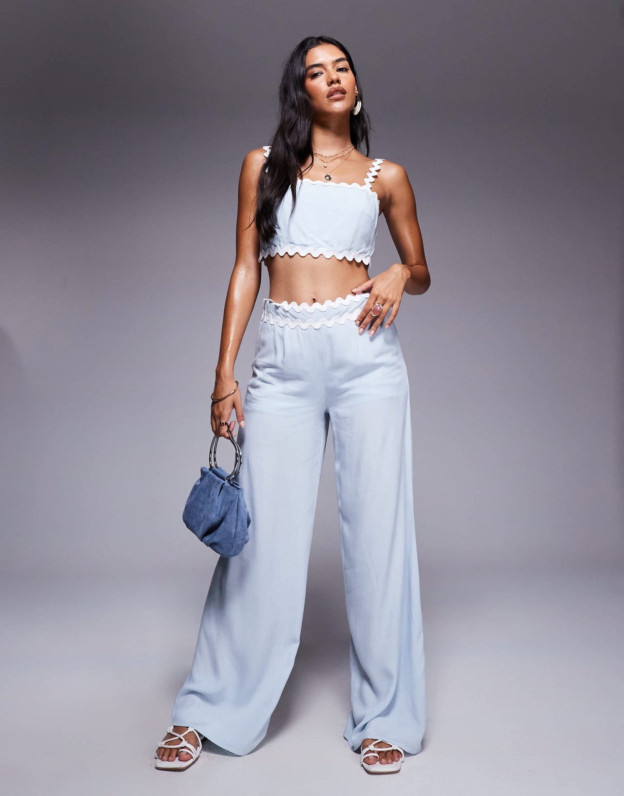 Missyempire cotton scallop trim waist detail wide leg trousers co-ord in baby blue
