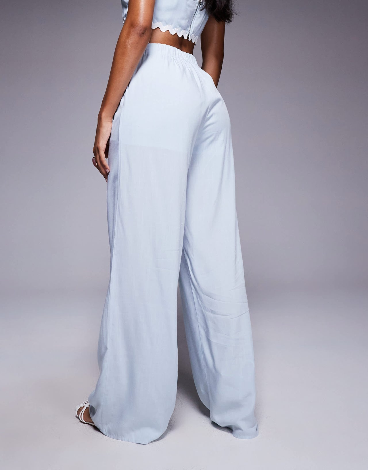 Missyempire cotton scallop trim waist detail wide leg trousers co-ord in baby blue