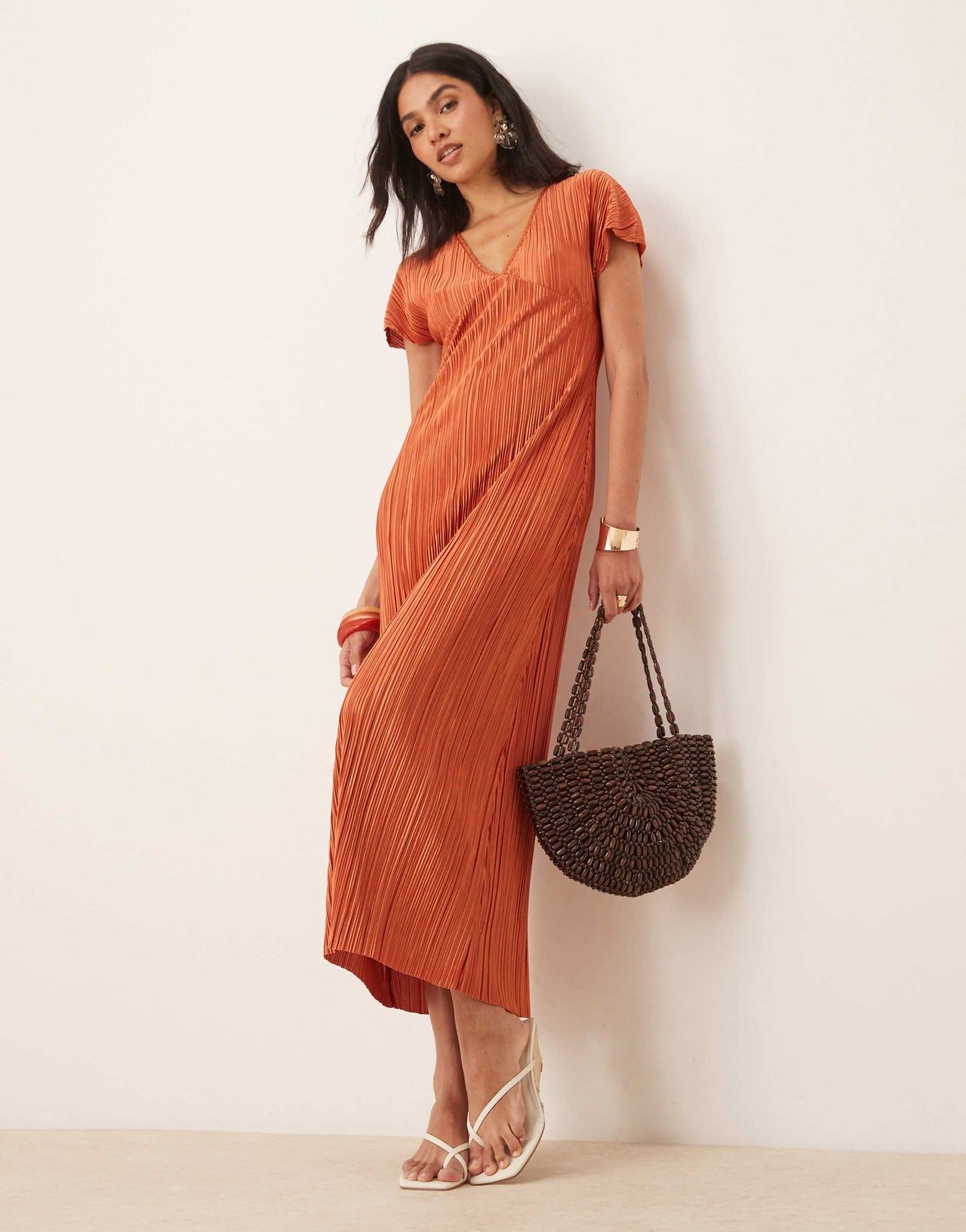 ASOS DESIGN plisse V neck midi dress in rust