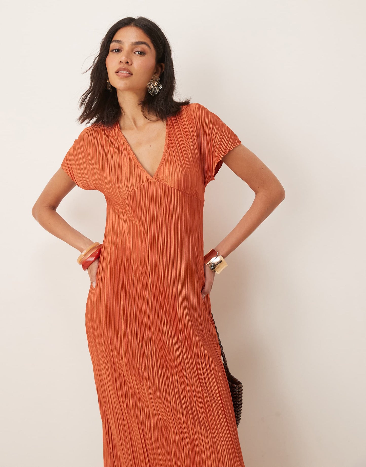 ASOS DESIGN plisse V neck midi dress in rust