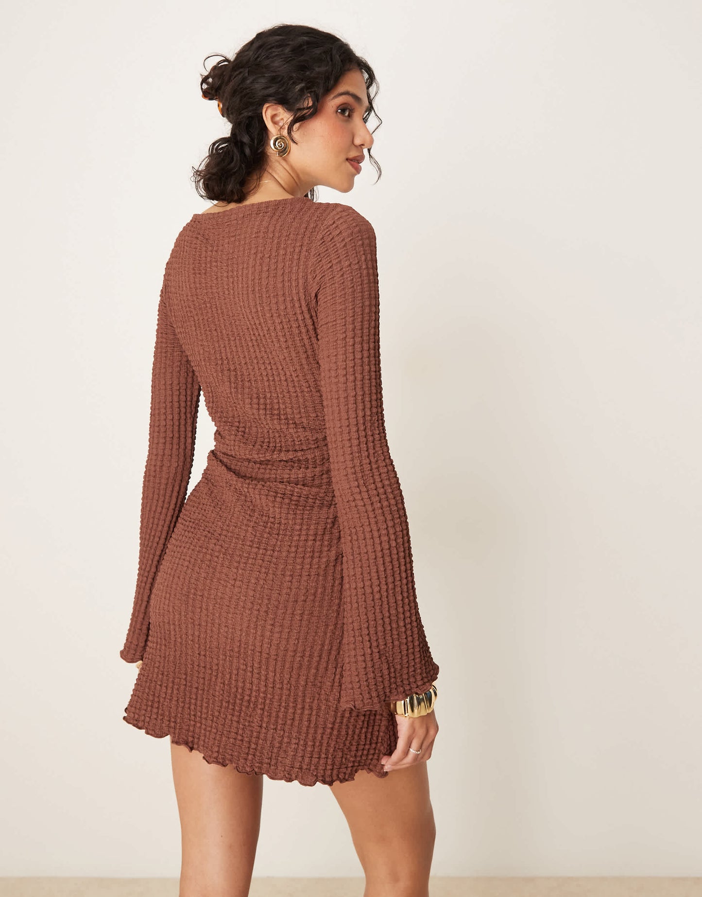 ASOS DESIGN slash neck textured mini dress with flare sleeve in brown