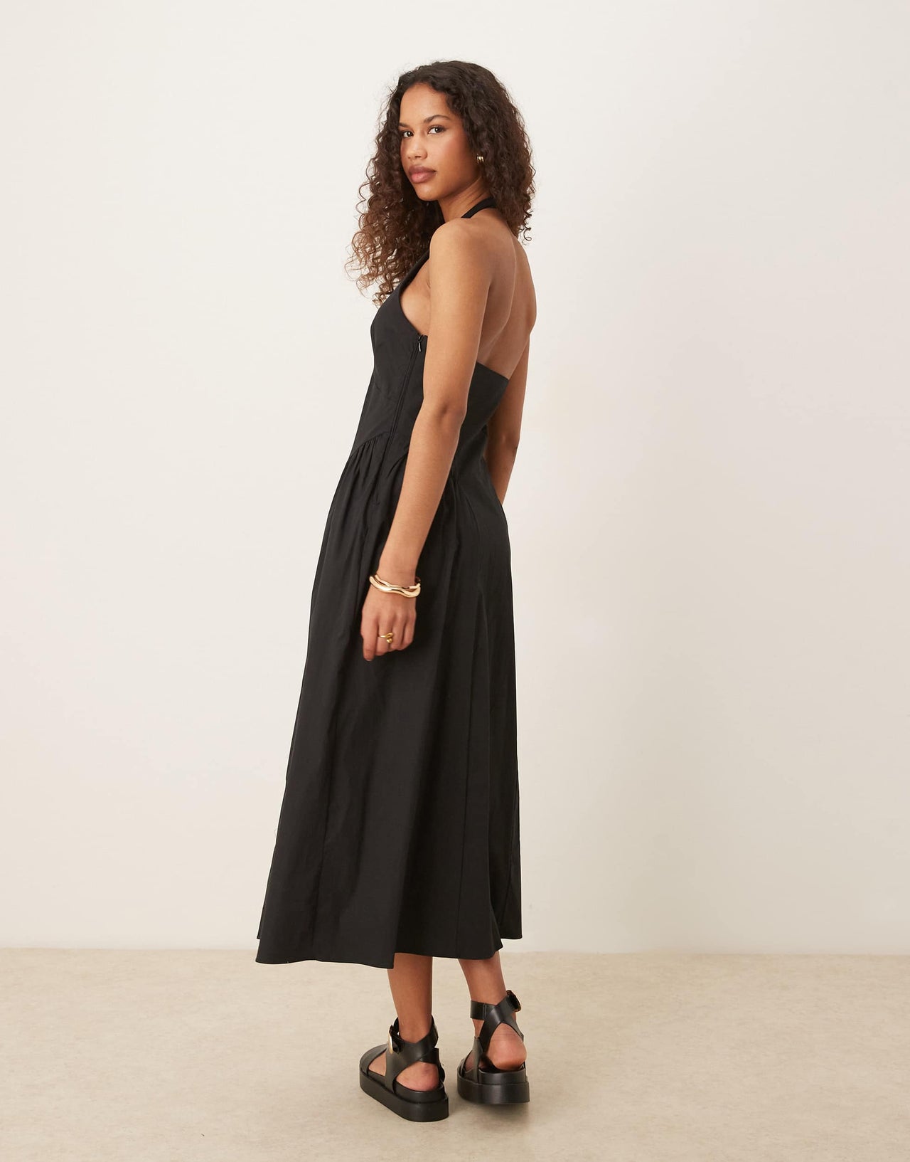 Mango cotton halter neck drop waist midaxi dress with structured bodice in black