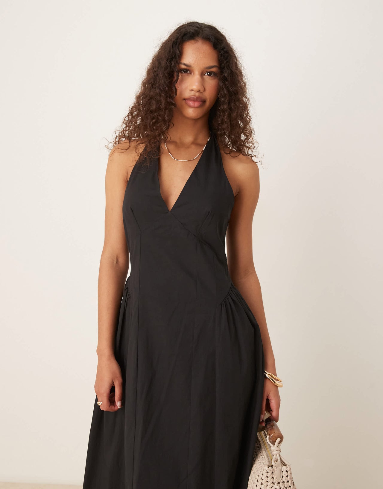 Mango cotton halter neck drop waist midaxi dress with structured bodice in black