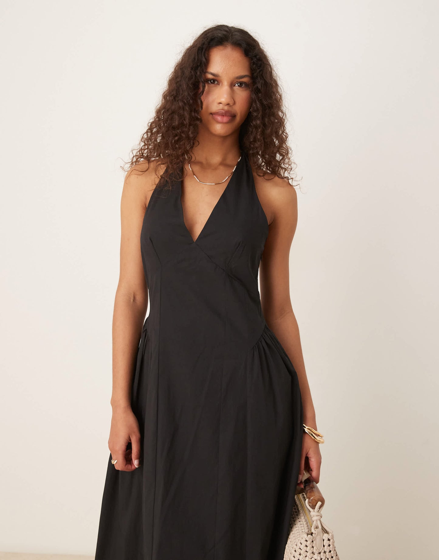 Mango cotton halter neck drop waist midaxi dress with structured bodice in black