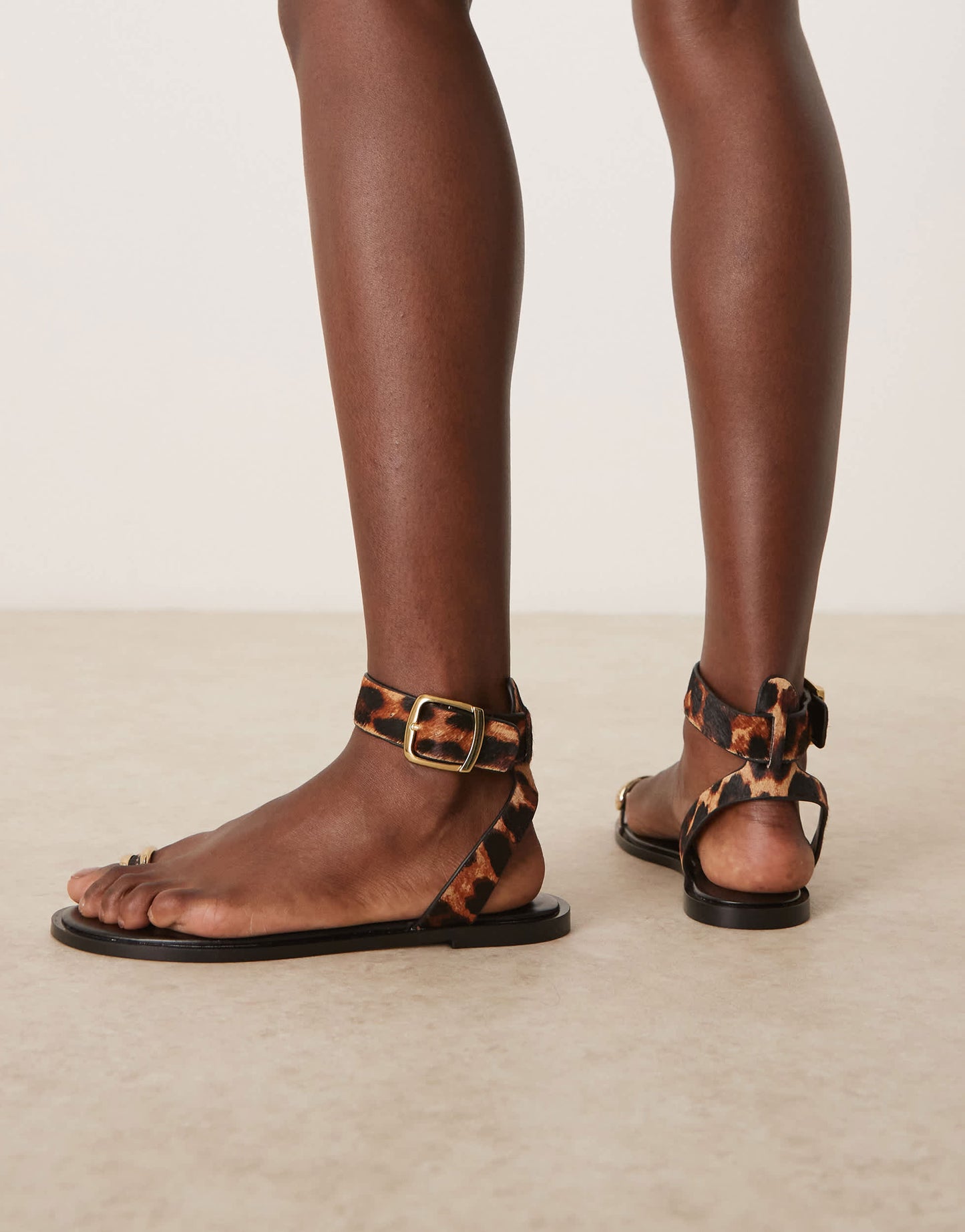Mango gold toe ring detail leopard print sandals in black