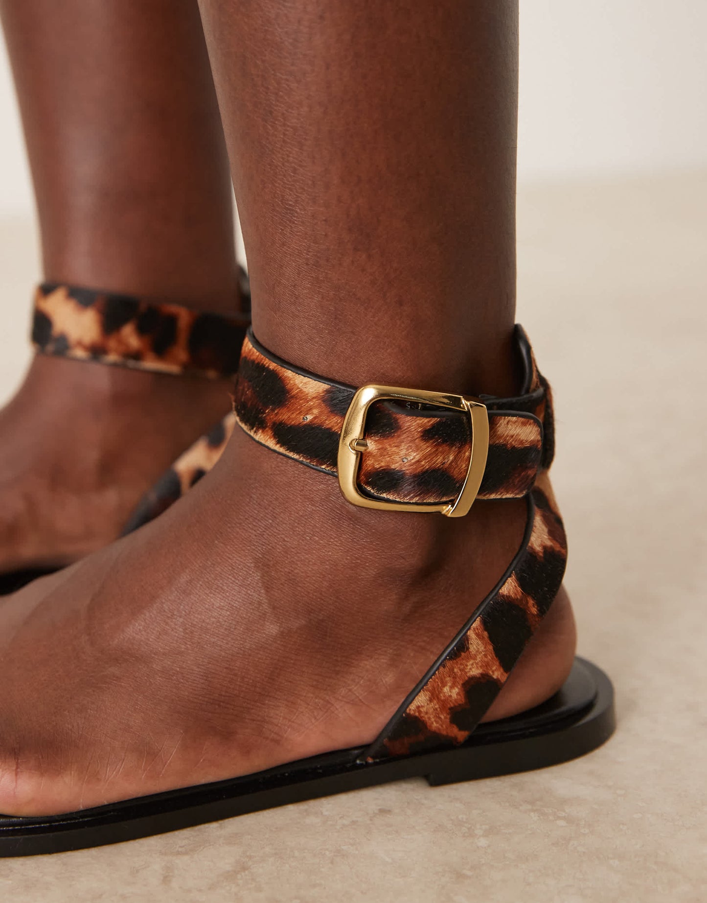 Mango gold toe ring detail leopard print sandals in black