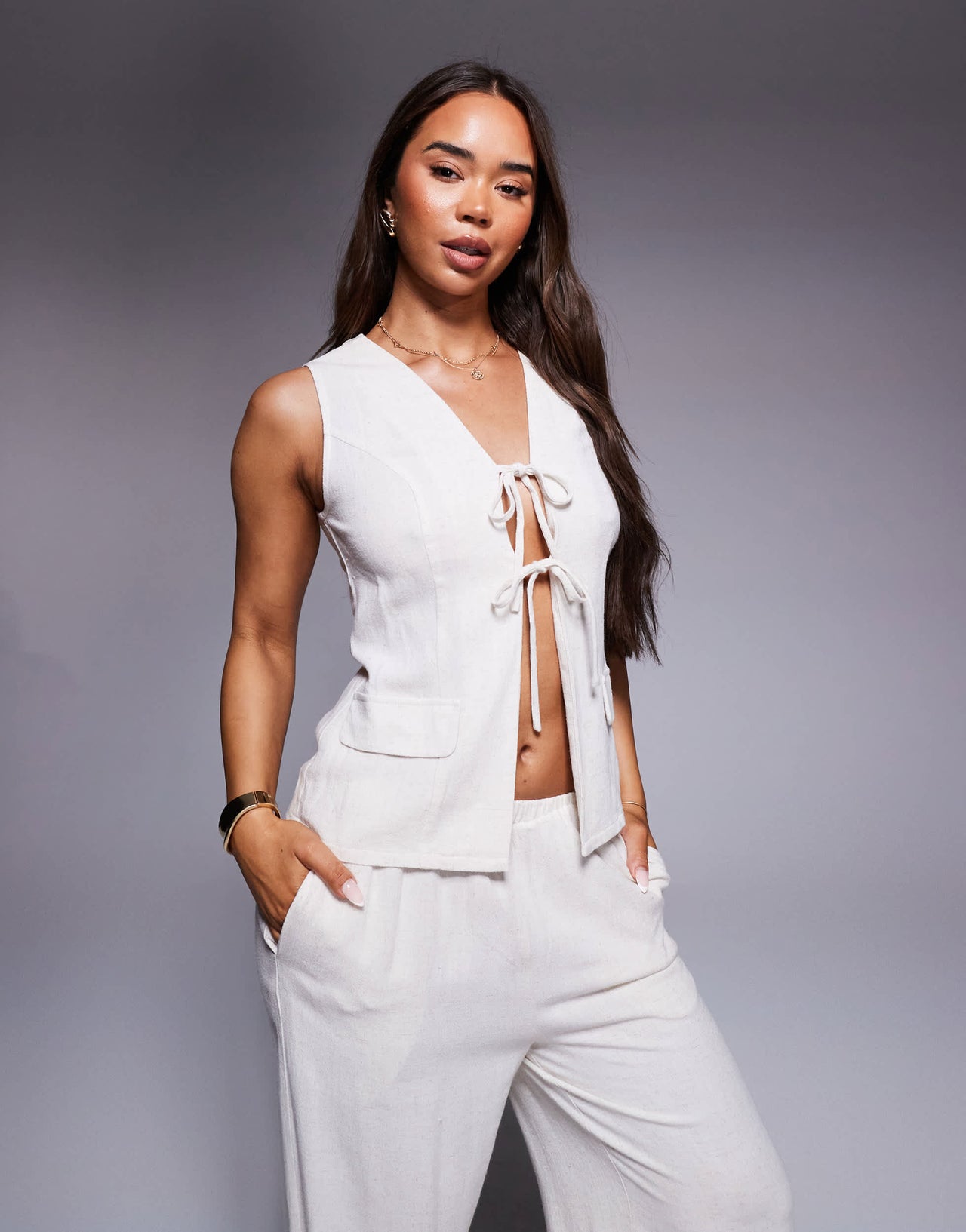 Missyempire linen look pocket detail open tie front top co-ord in cream