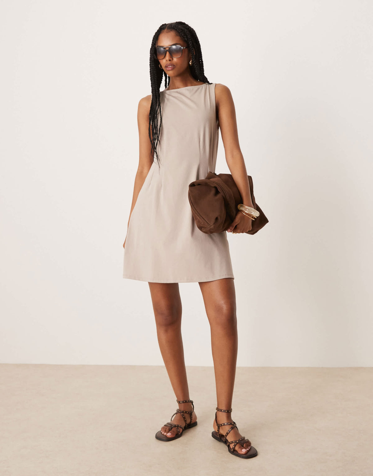 ASOS DESIGN sleeveless seam detail mini dress in mushroom