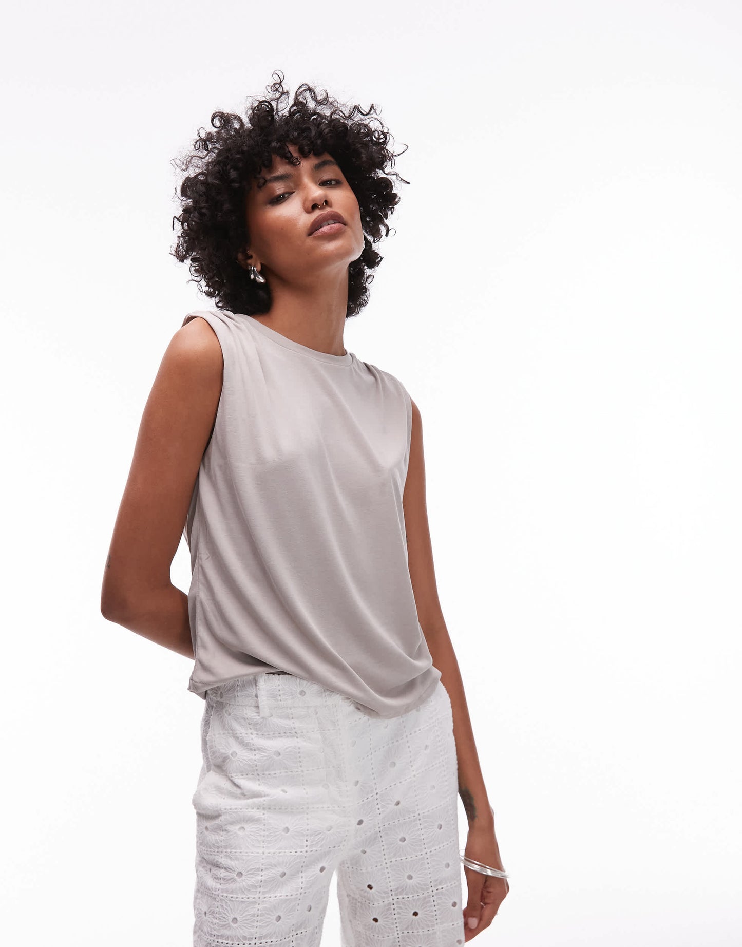 Mango soft touch ruched shoulder detail t-shirt in mushroom