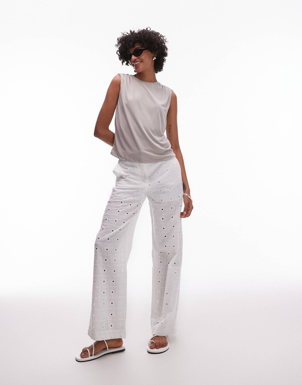 Mango soft touch ruched shoulder detail t-shirt in mushroom