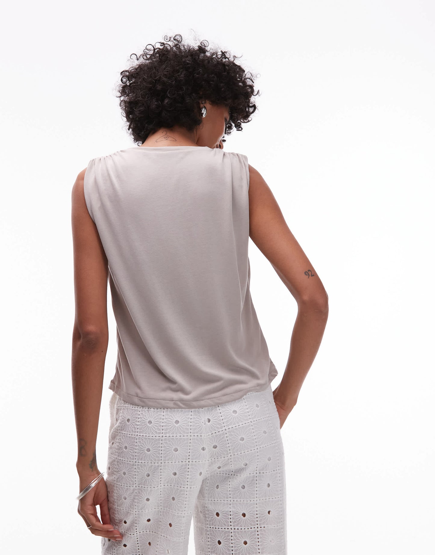 Mango soft touch ruched shoulder detail t-shirt in mushroom
