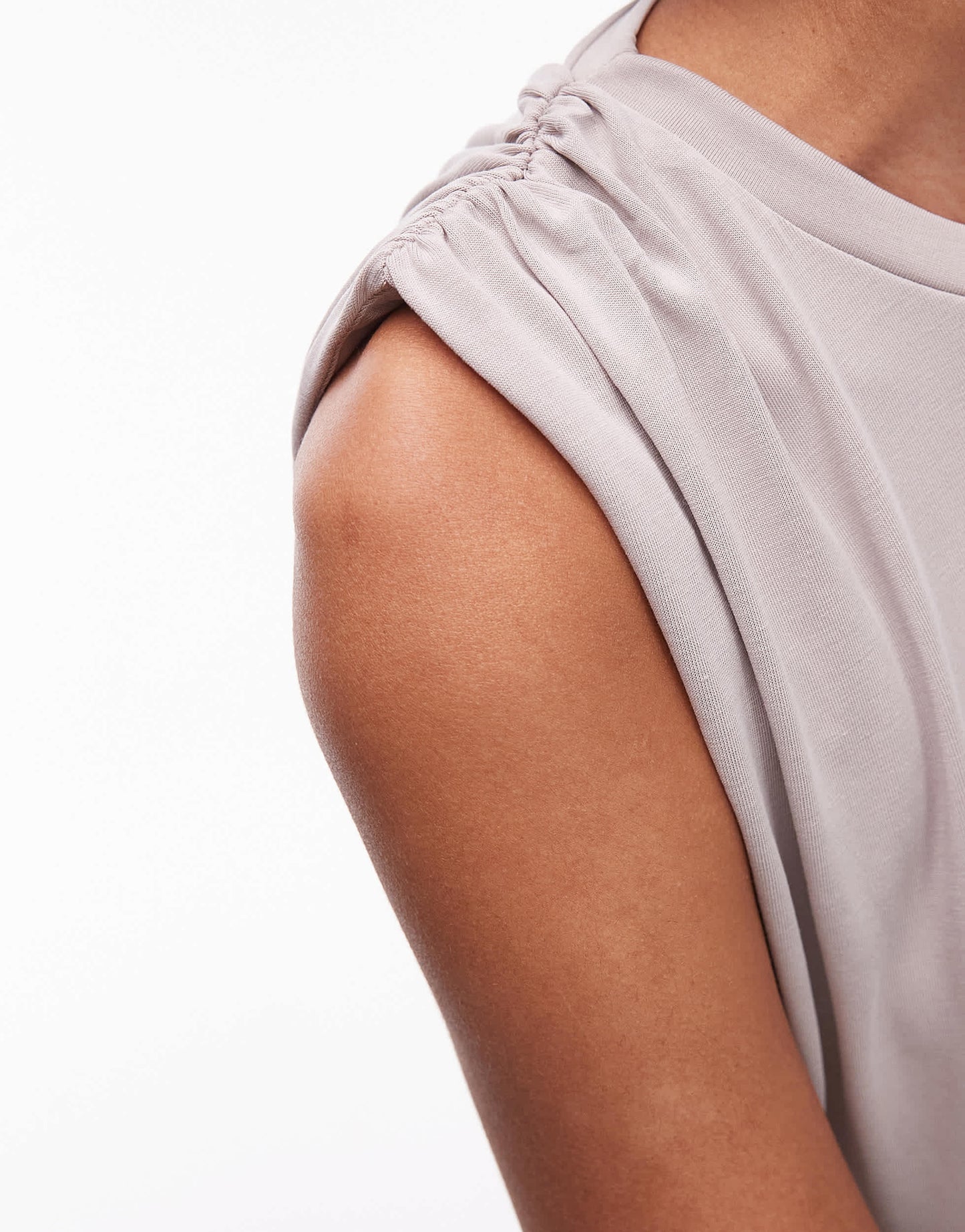 Mango soft touch ruched shoulder detail t-shirt in mushroom