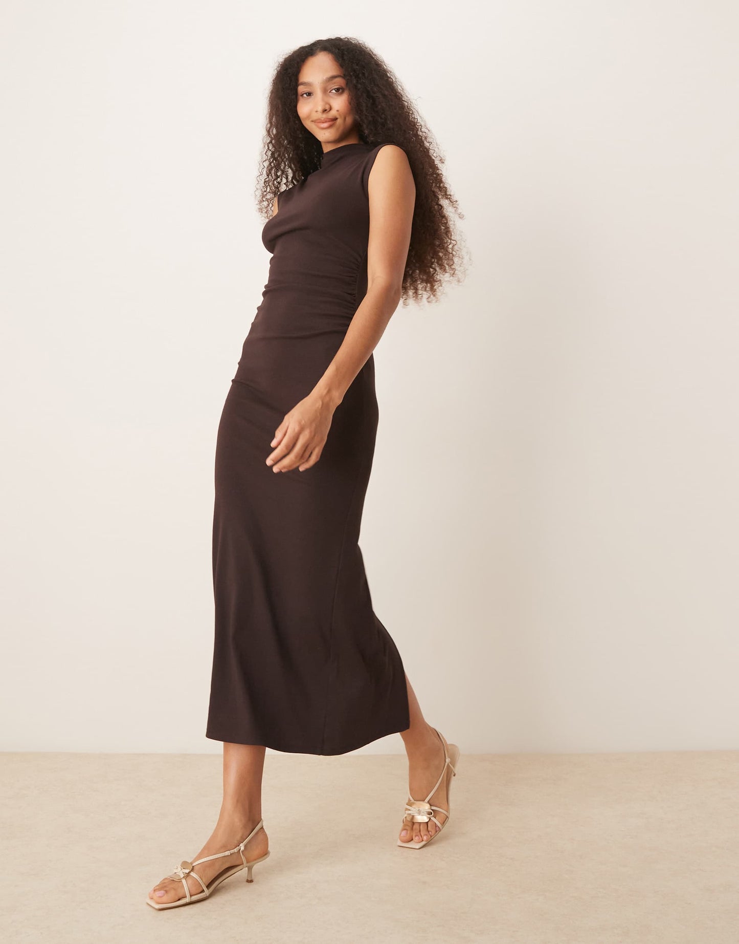 Mango soft touch modal mix slim fit maxi dress with high neck in brown