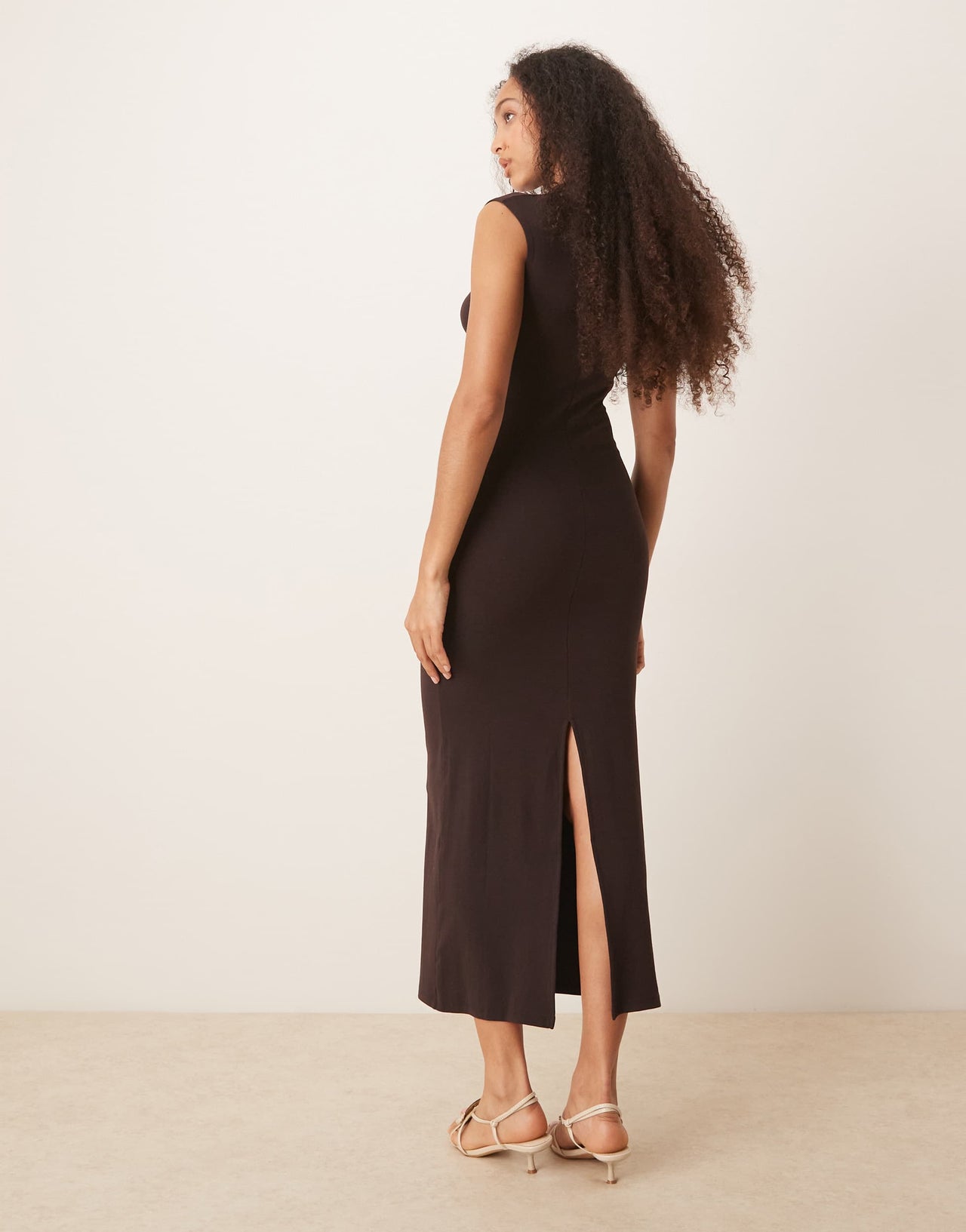 Mango soft touch modal mix slim fit maxi dress with high neck in brown