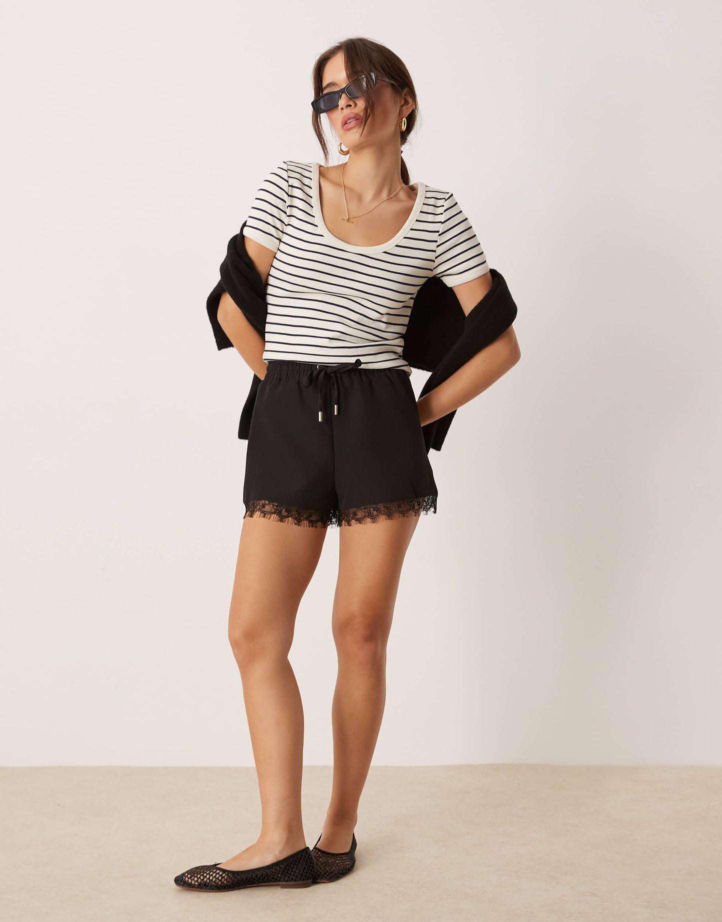 Mango cropped round neck striped baby tee in white
