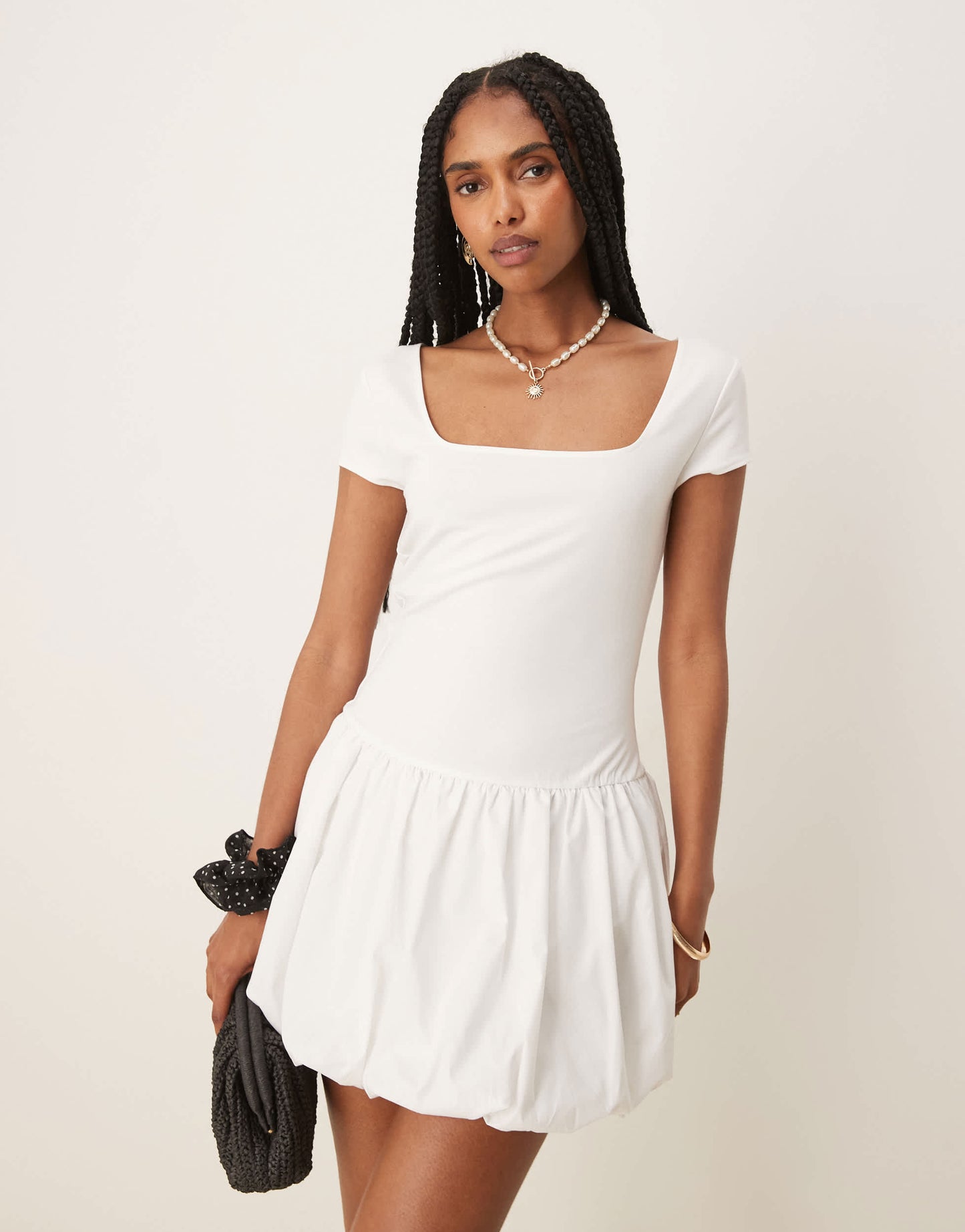 Mango square neck short sleeve bubble hem mini dress in white