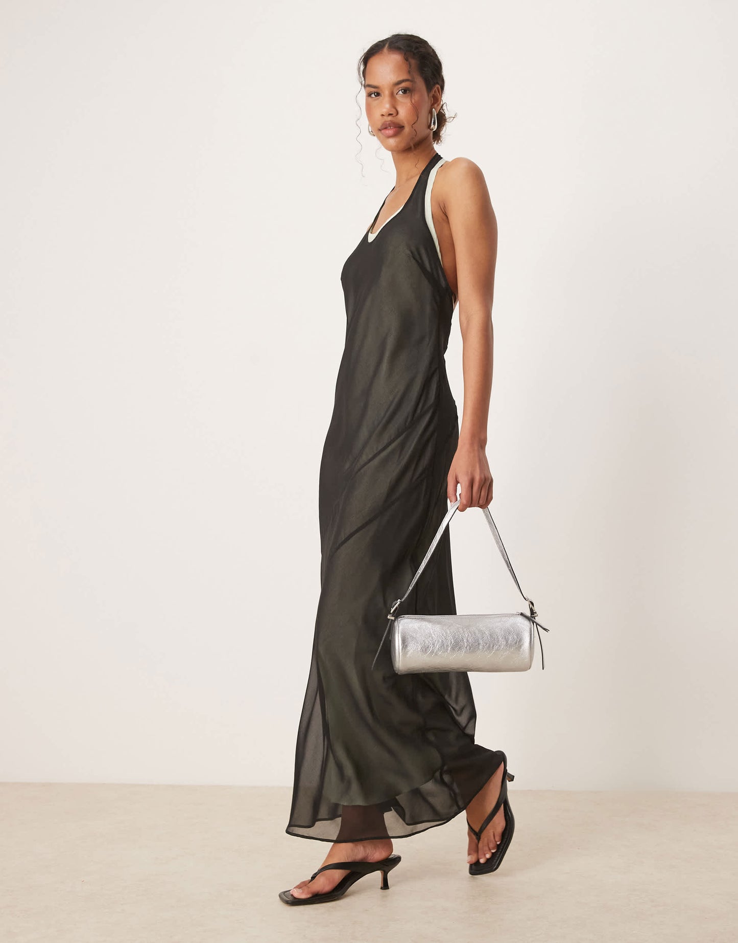 Mango double layered scoop back maxi dress with soft contoured exposed seam in black