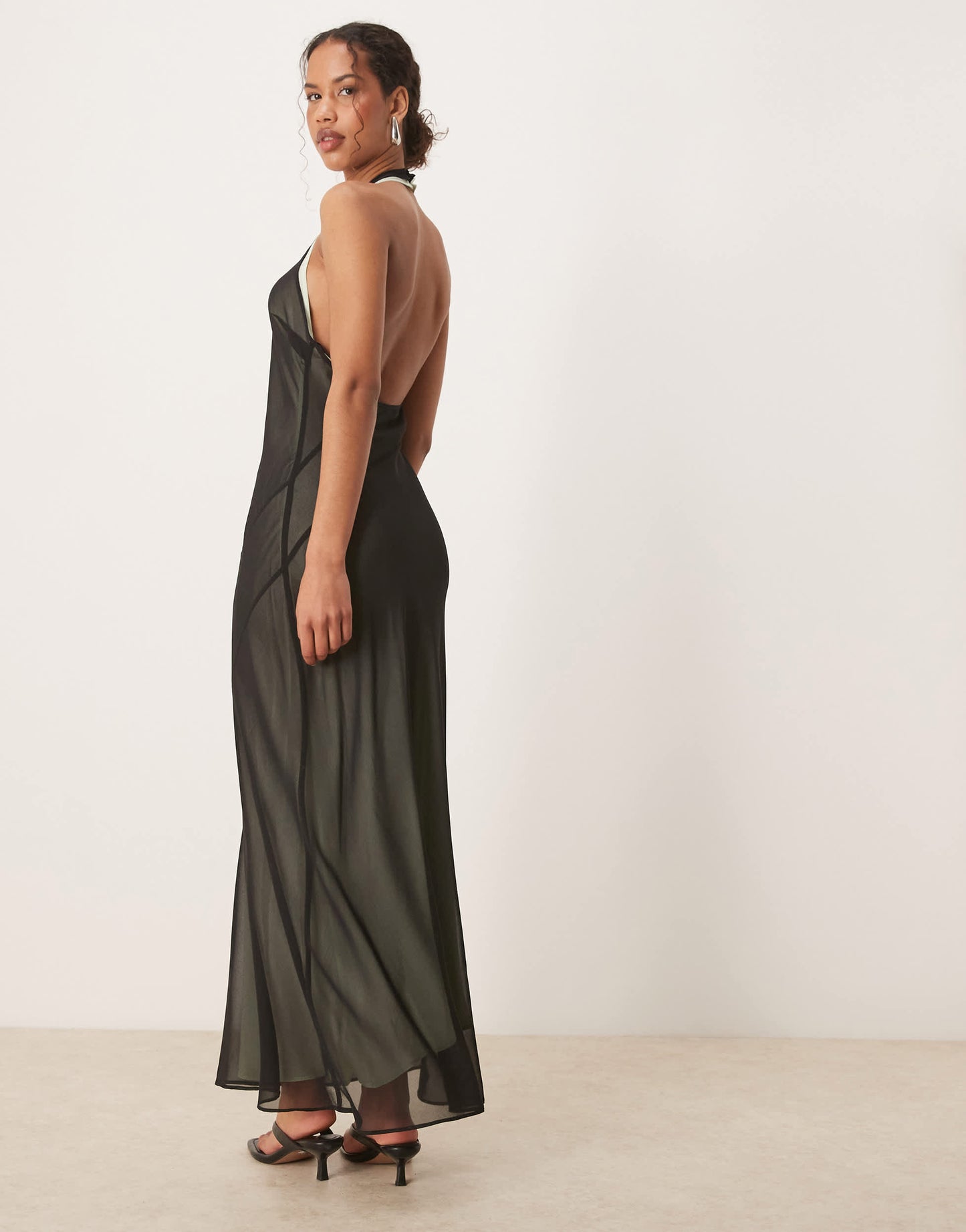 Mango double layered scoop back maxi dress with soft contoured exposed seam in black
