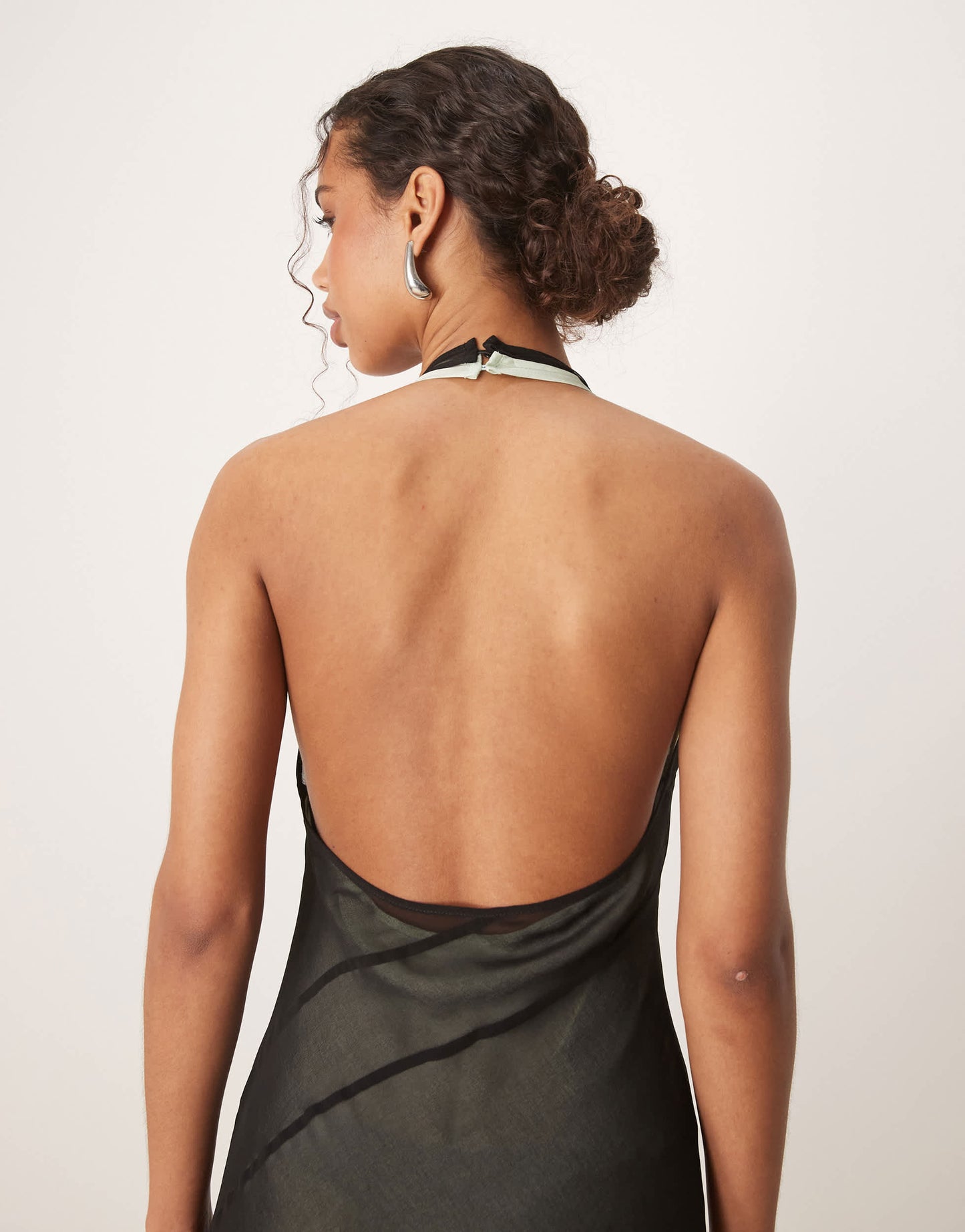 Mango double layered scoop back maxi dress with soft contoured exposed seam in black