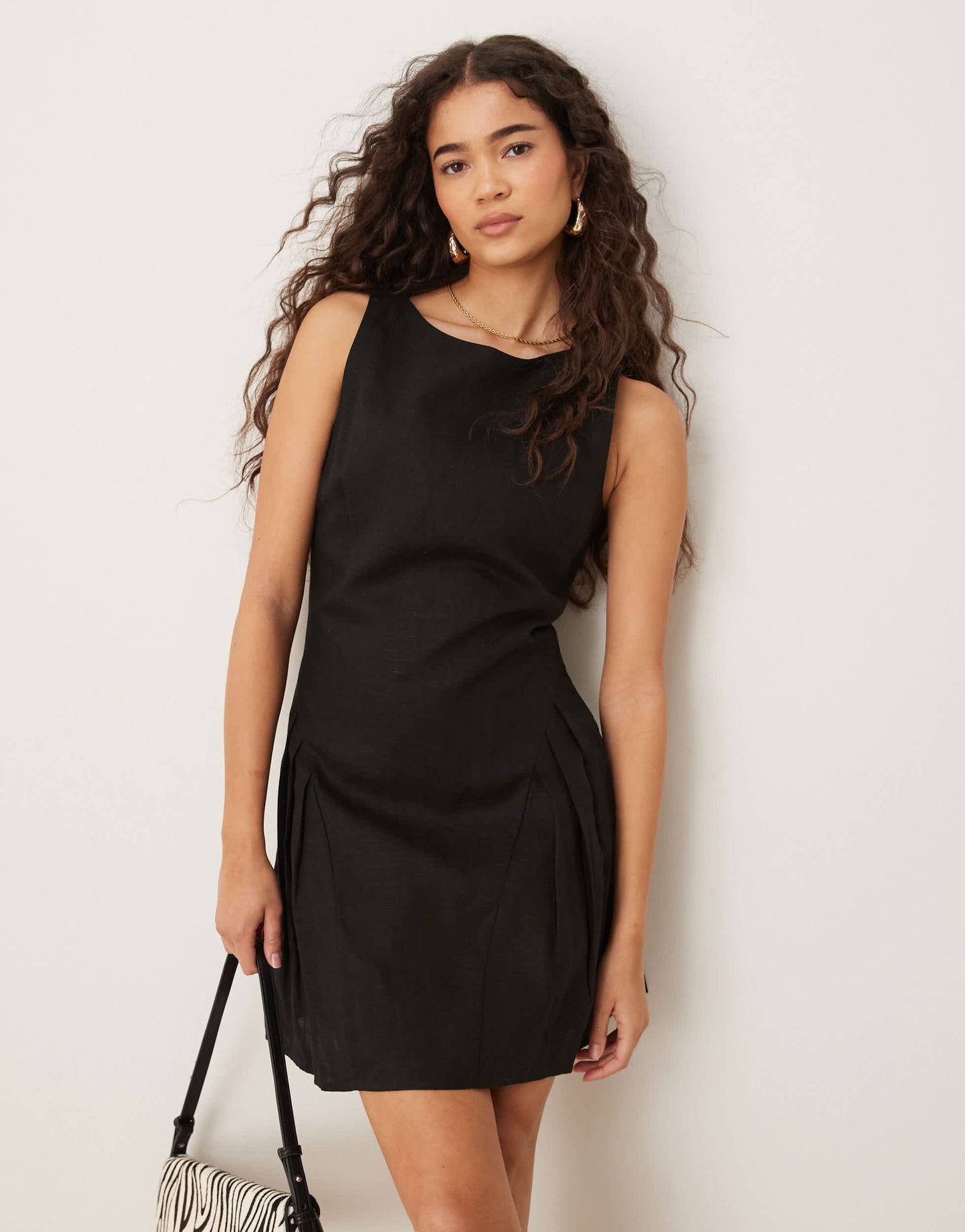 Mango linen mix drop waist mini dress in black