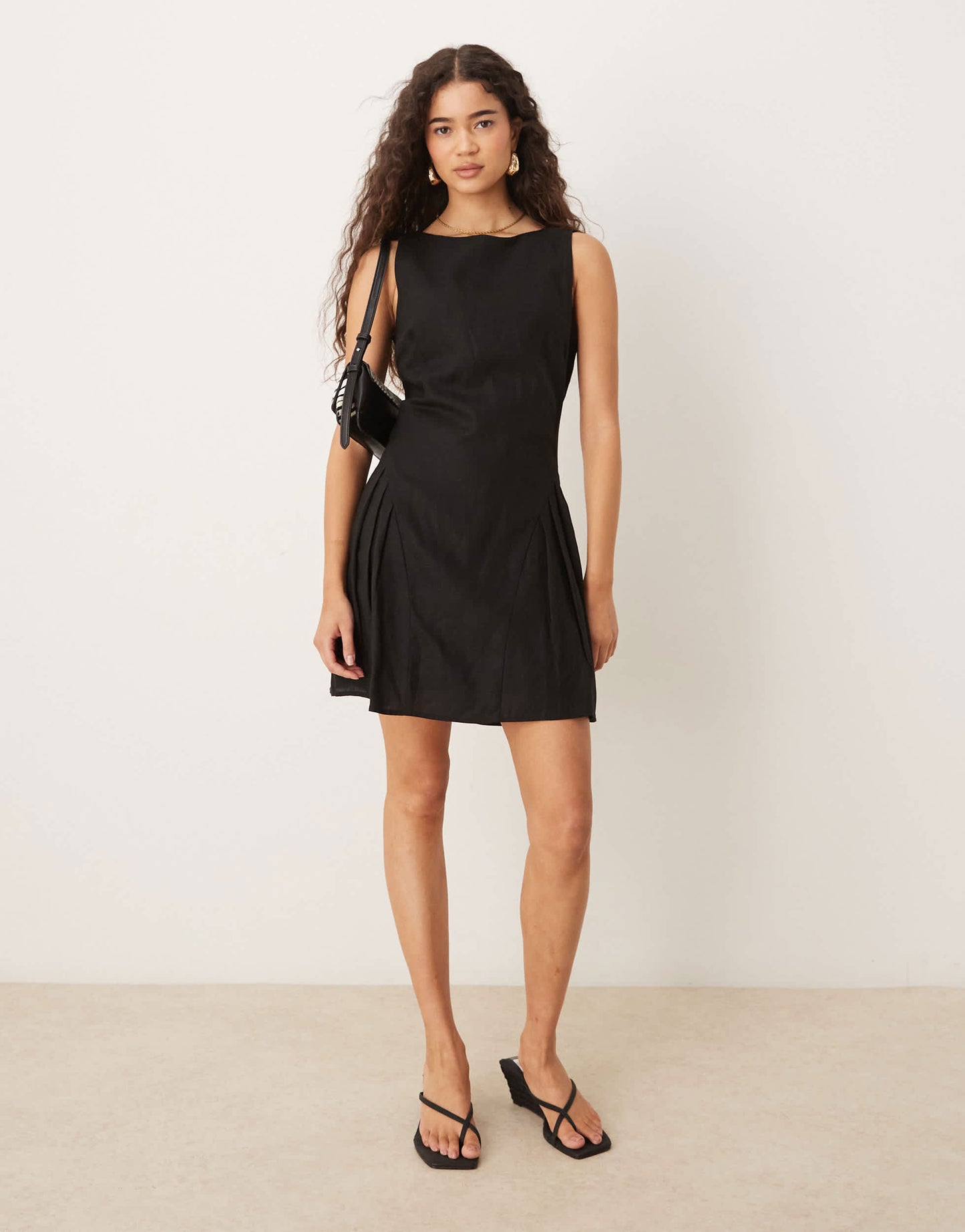 Mango linen mix drop waist mini dress in black